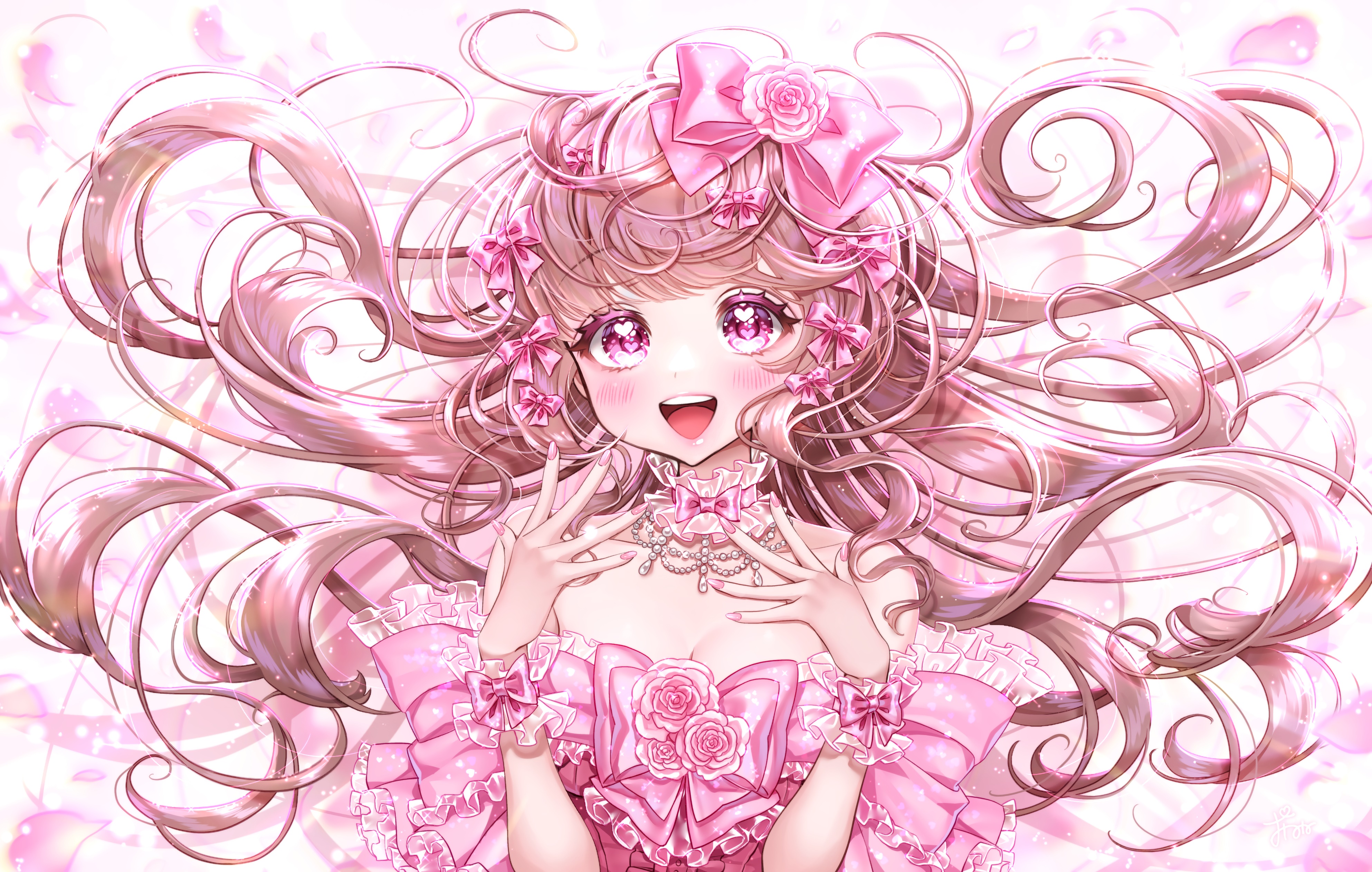 Anime girl with pink eyes and pink dress 4K HD Wallpaper