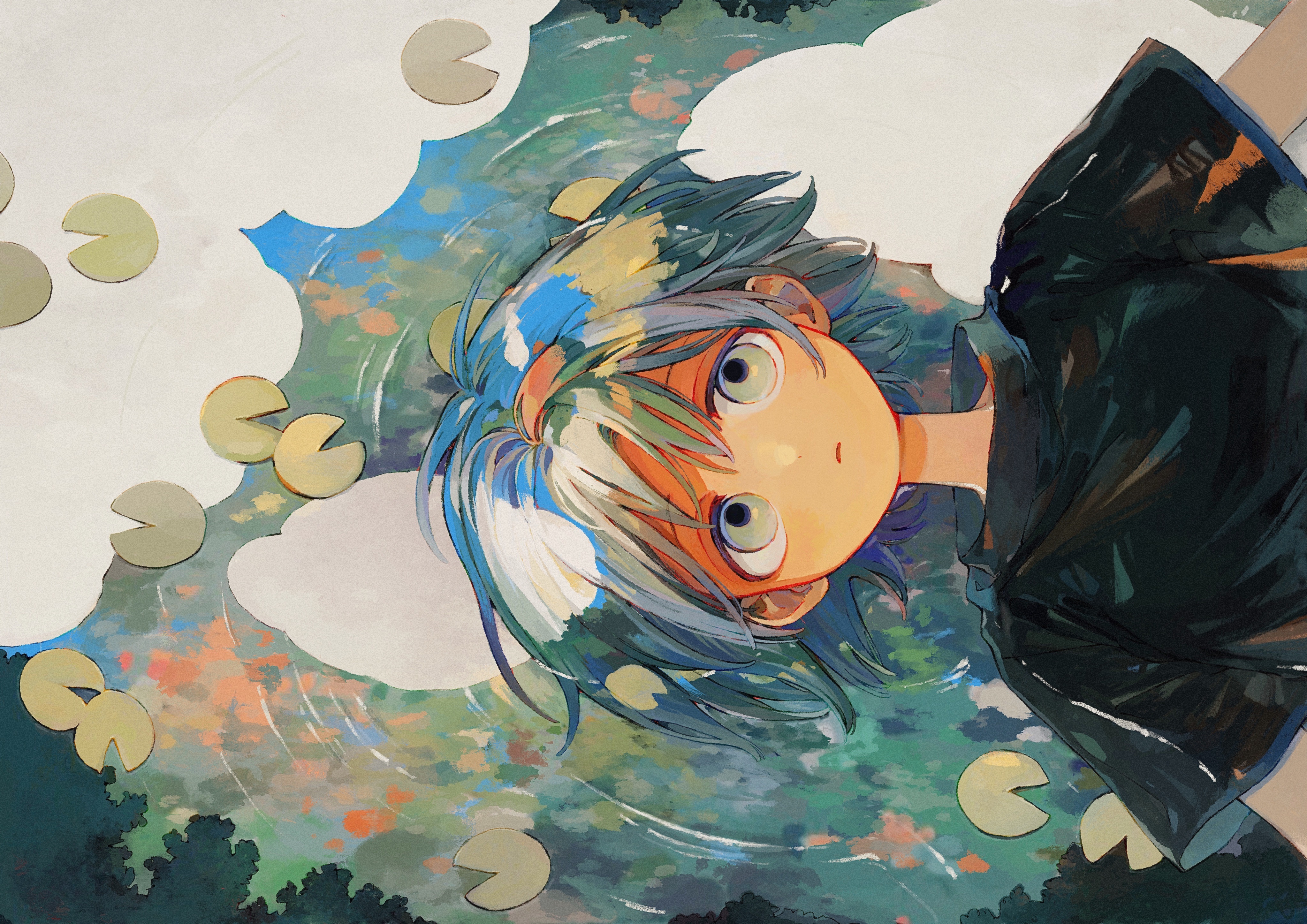Boy with blue hair in water with lily pads 4K HD Wallpaper