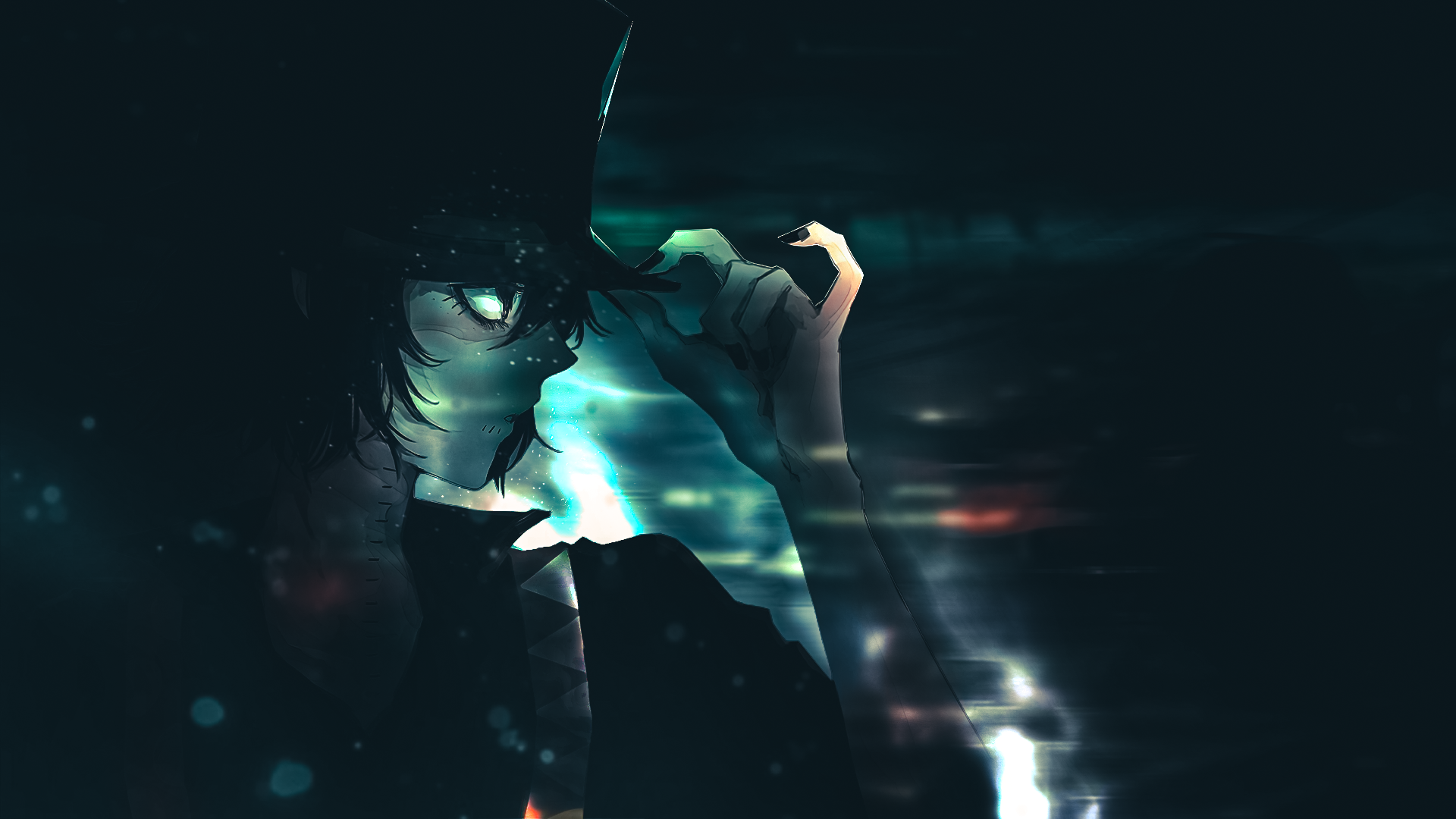 Anime character in a dark, futuristic city HD Wallpaper