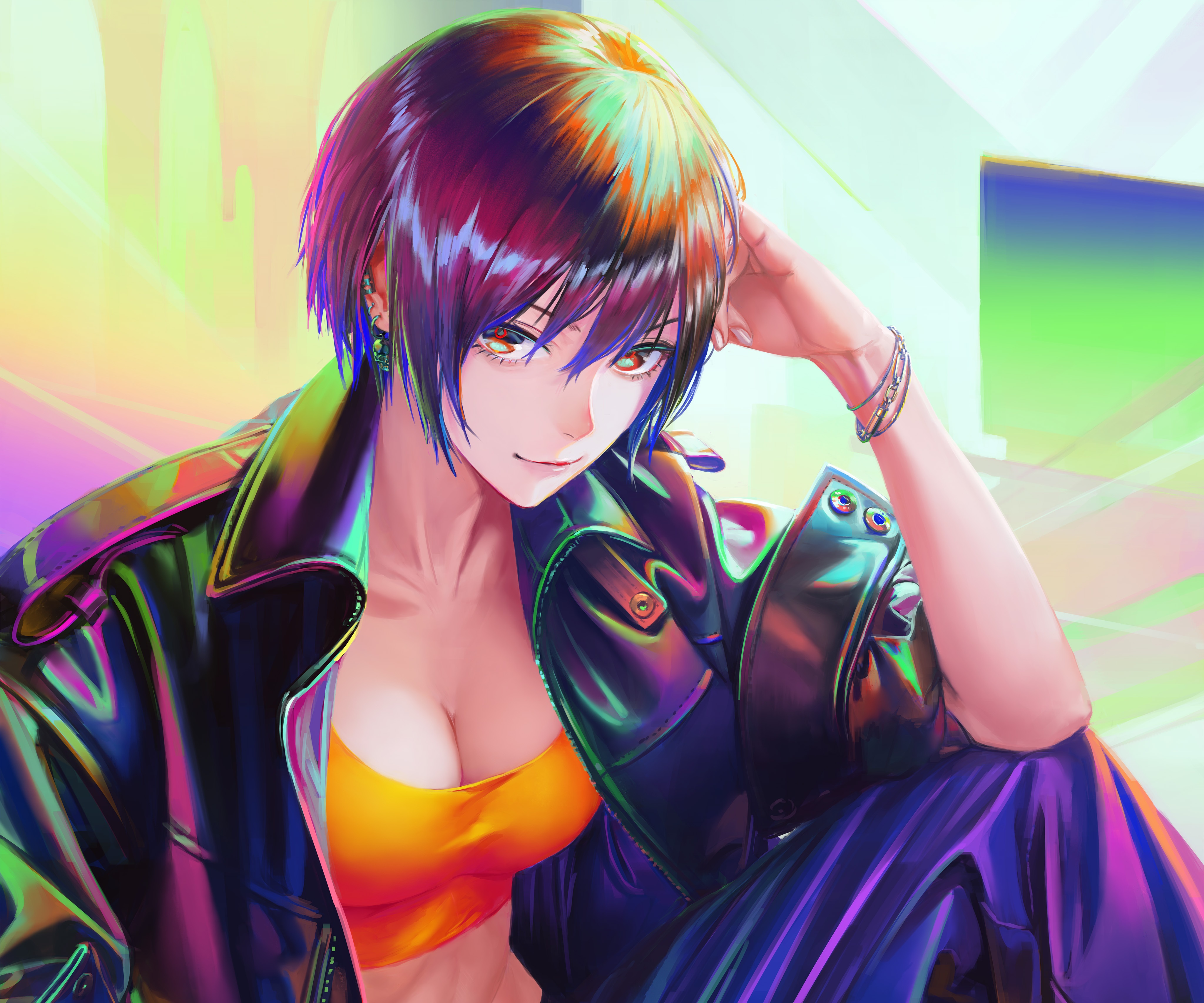 Girl with Short Hair in Colorful Jacket HD Wallpaper