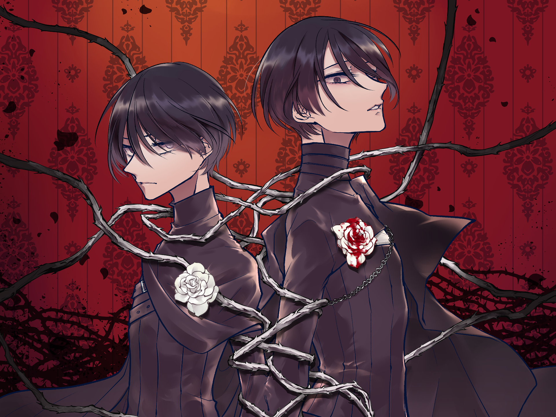 Two men entwined by thorny vines HD Wallpaper