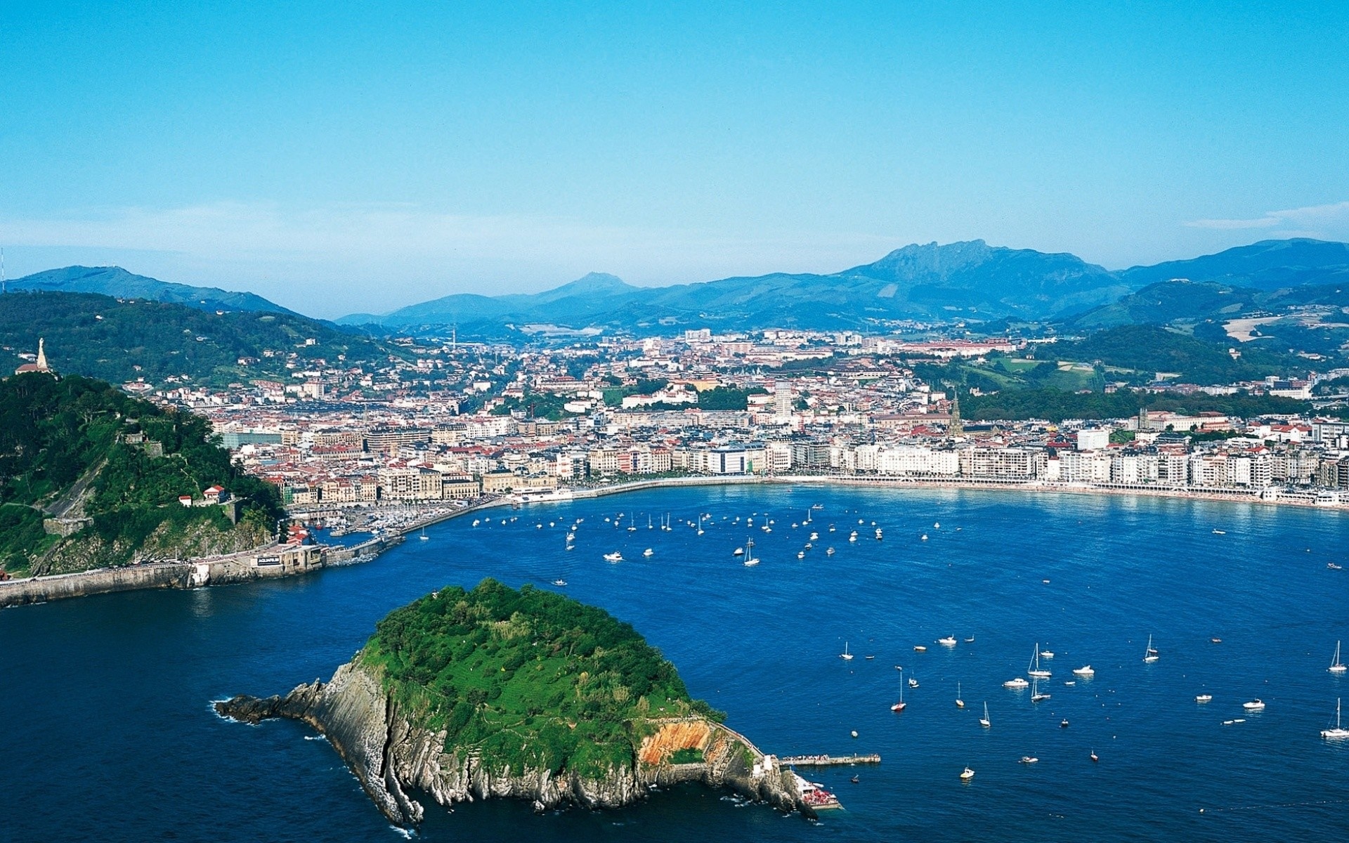 Aerial view of San Sebastián, Spain with an island in the bay HD Wallpaper