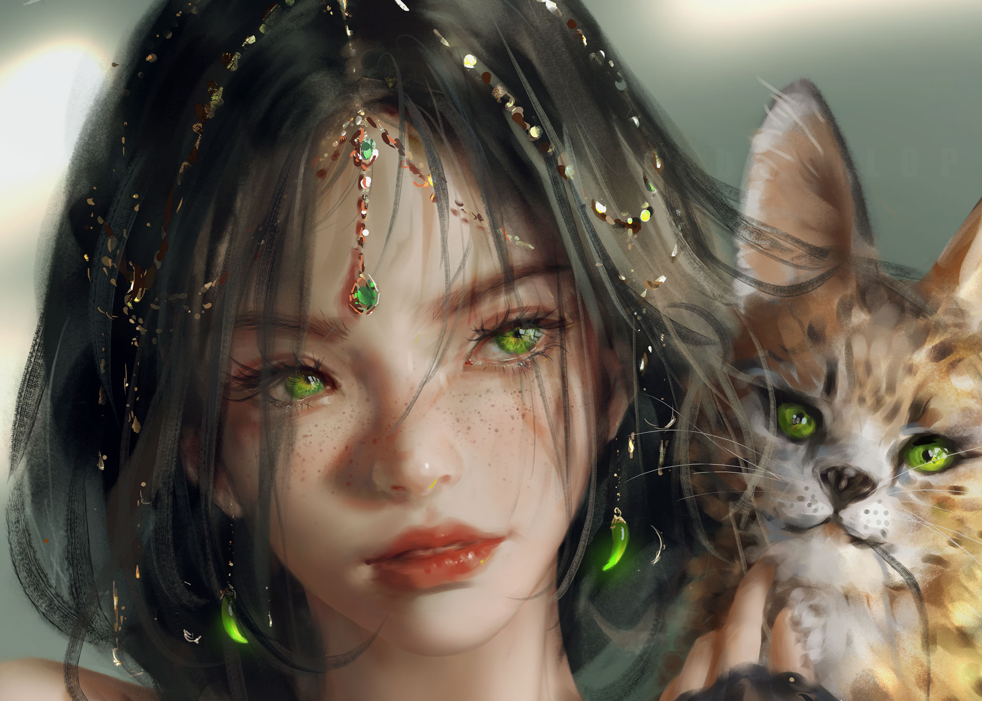 Portrait of a woman with green eyes and a cat HD Wallpaper