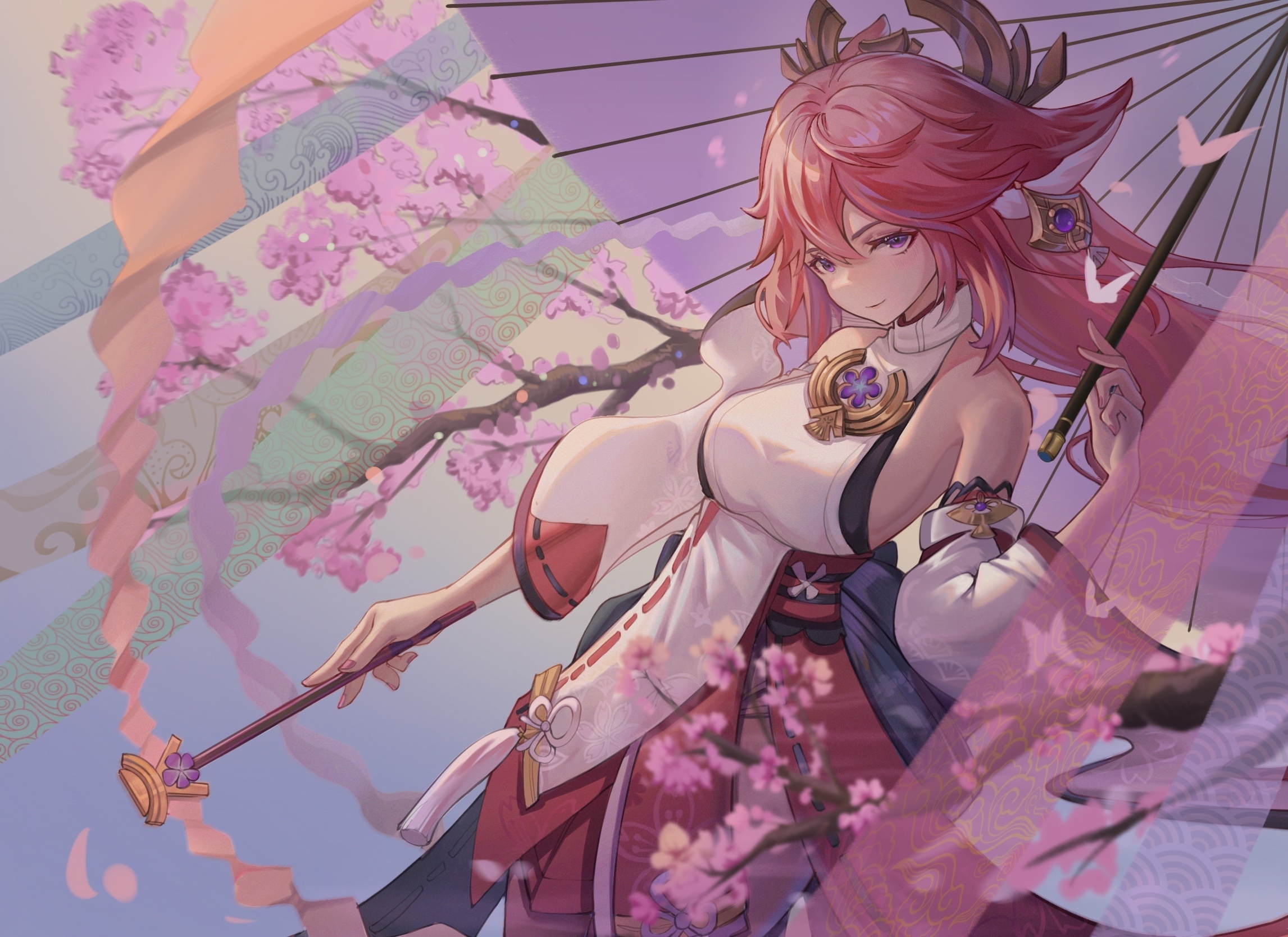 Yae Miko from Genshin Impact with cherry blossoms HD Wallpaper