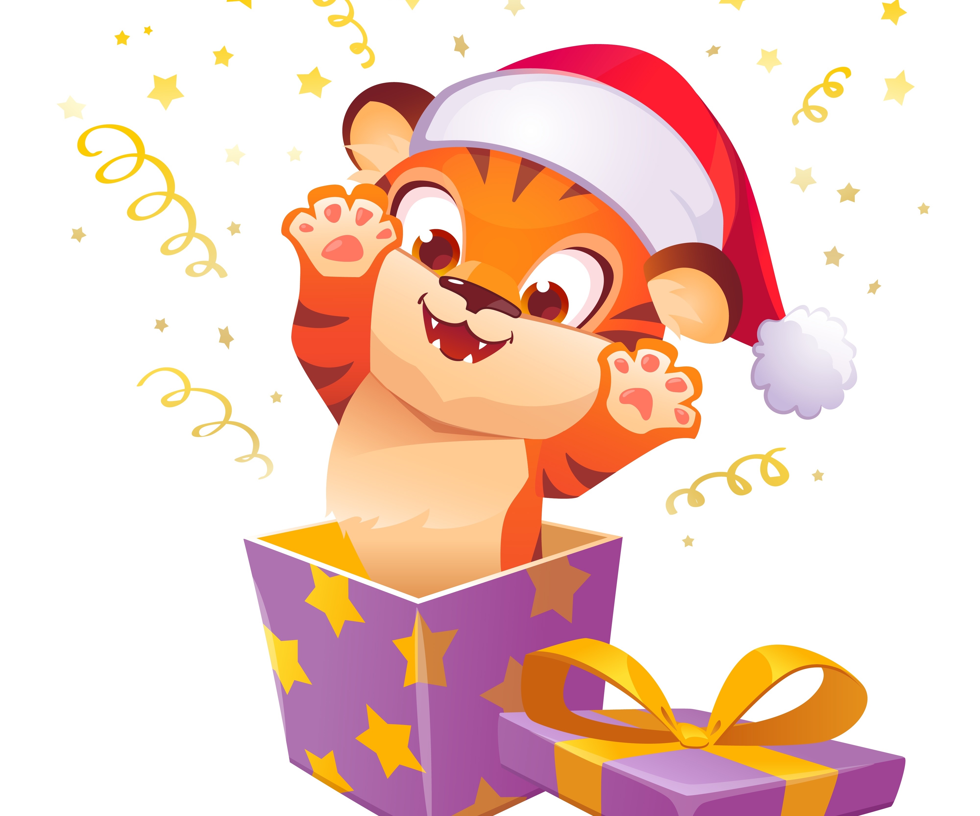 Cartoon Tiger in Santa Hat Emerging from Gift Box HD Wallpaper