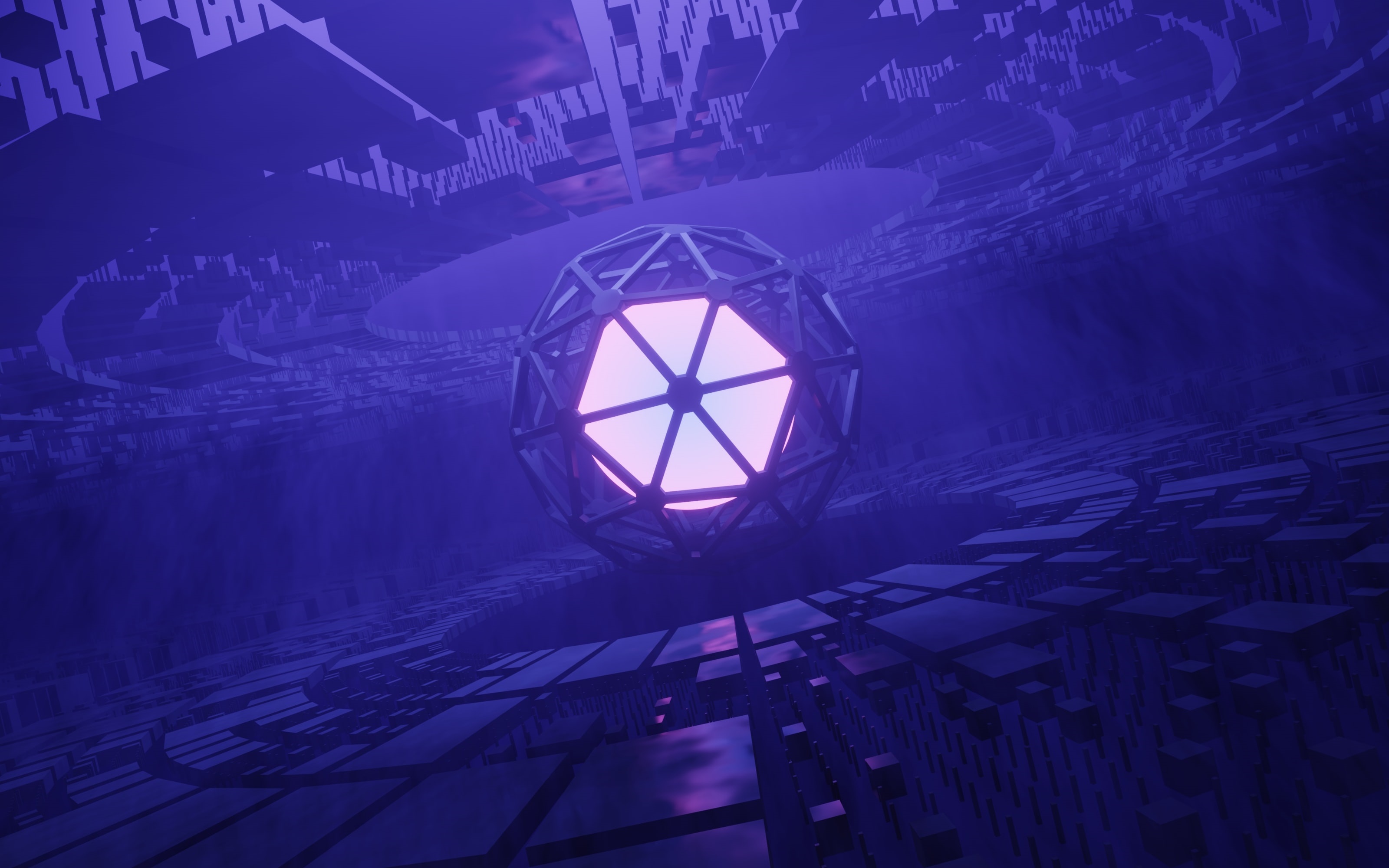 Abstract geometric sphere with glowing core in purple digital environment HD Wallpaper