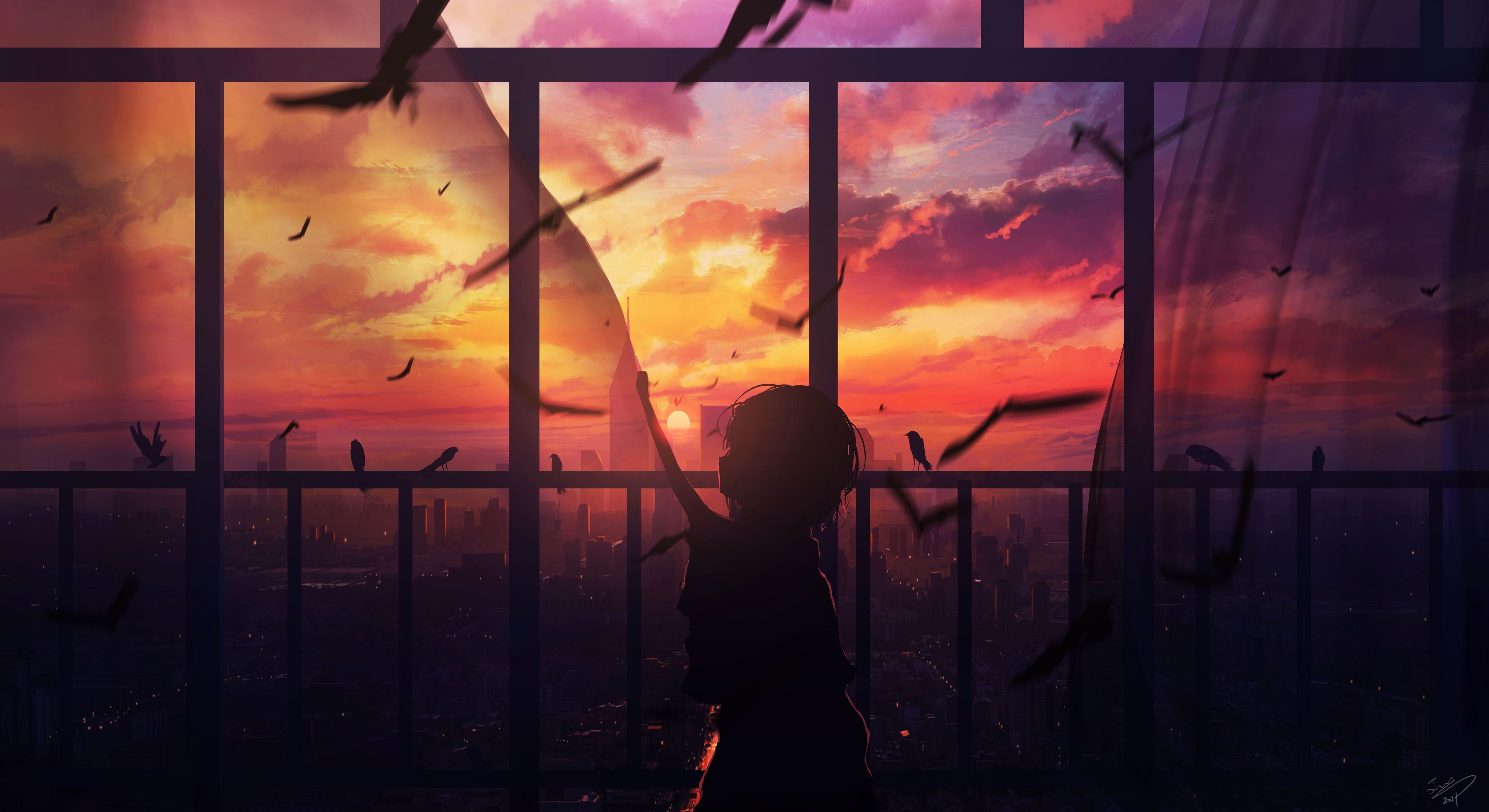 Girl watching sunset with birds flying HD Wallpaper
