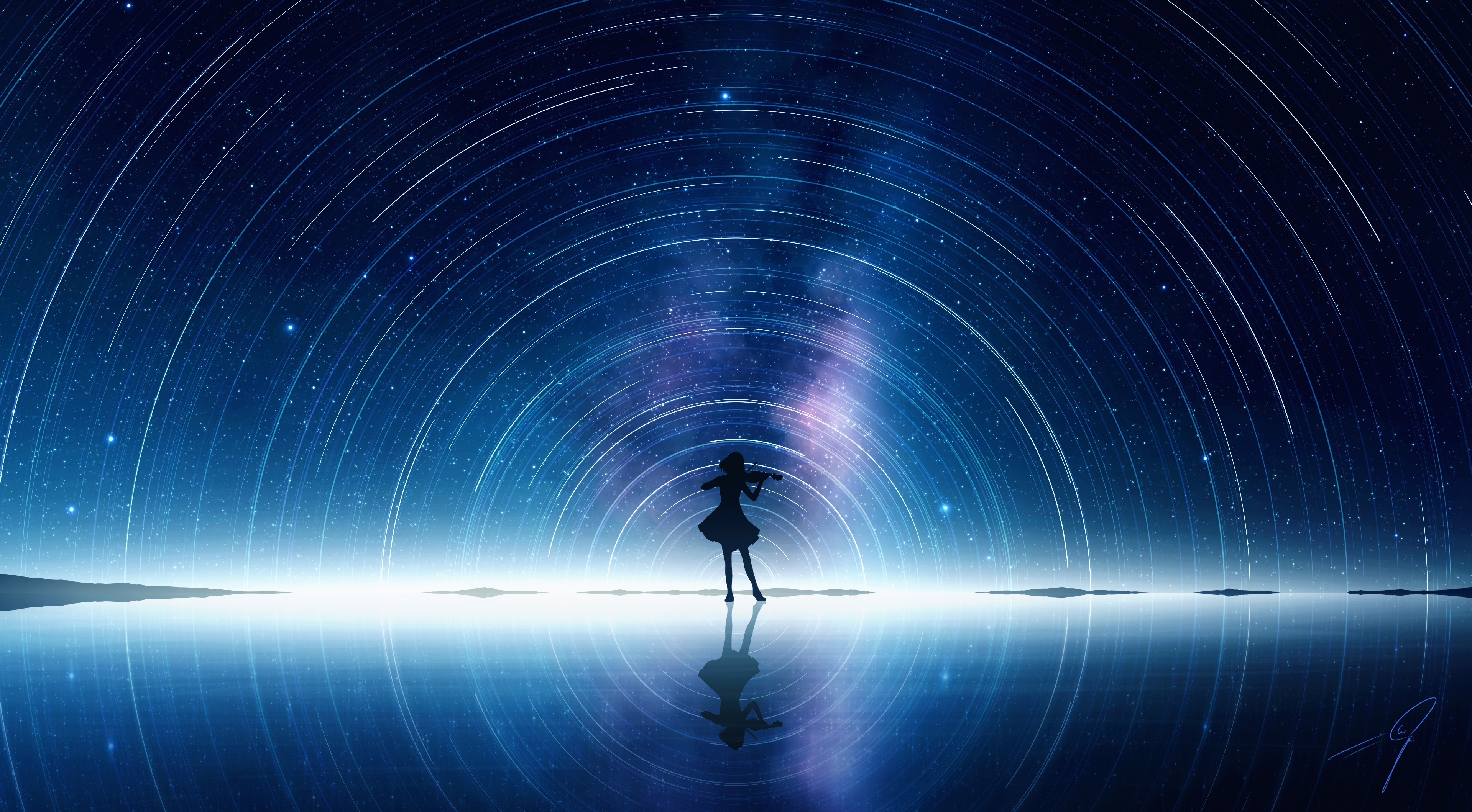 Girl playing violin under starry sky reflection HD Wallpaper