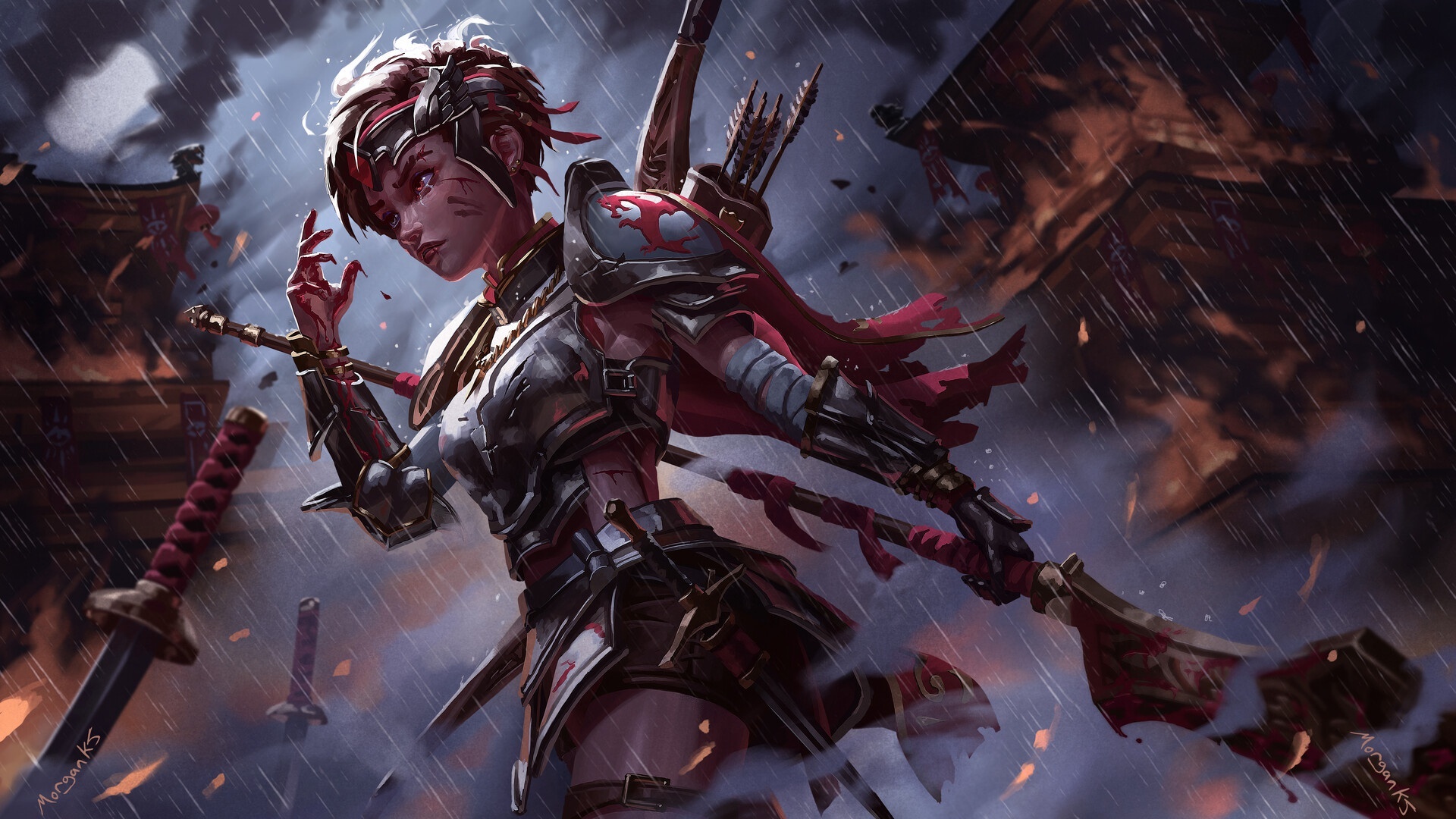 Fantasy Woman Warrior with Swords and Bow HD Wallpaper