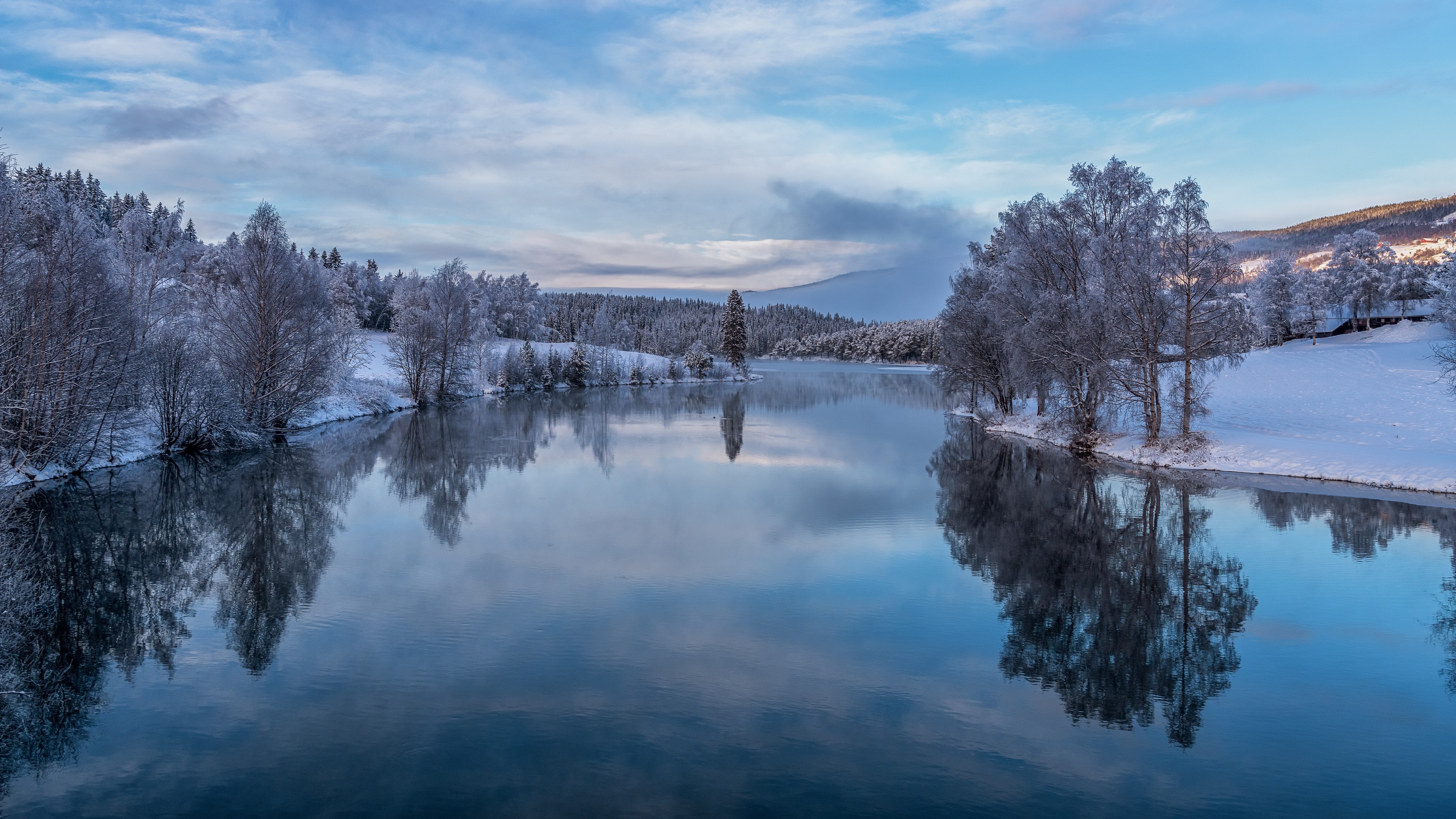 Winter river with snow-covered trees and reflections HD Wallpaper