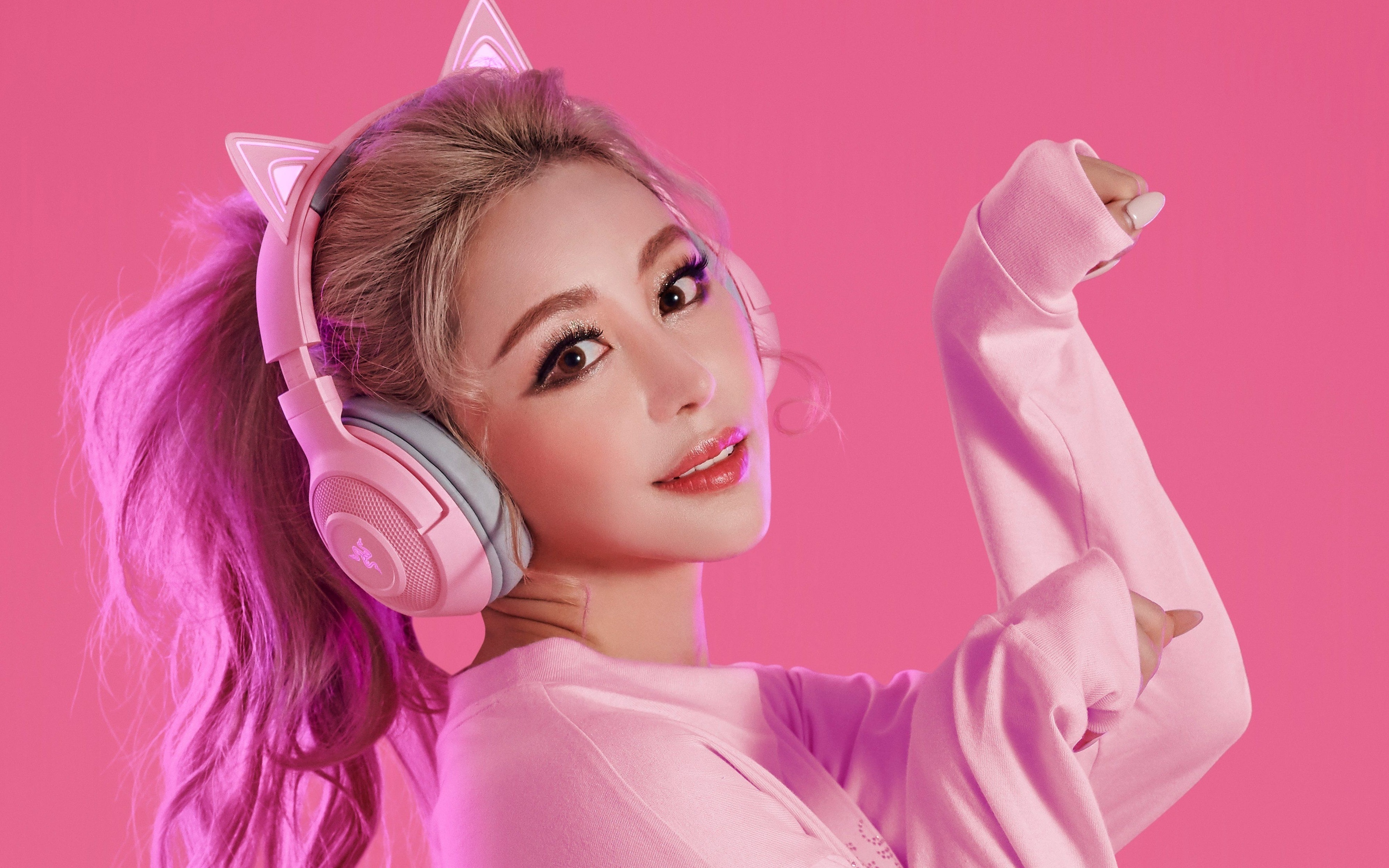Asian woman with pink cat-ear headphones HD Wallpaper