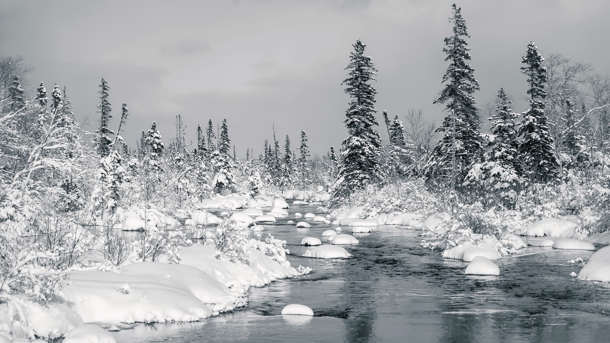 Winter river flowing through a snow-covered forest HD Wallpaper