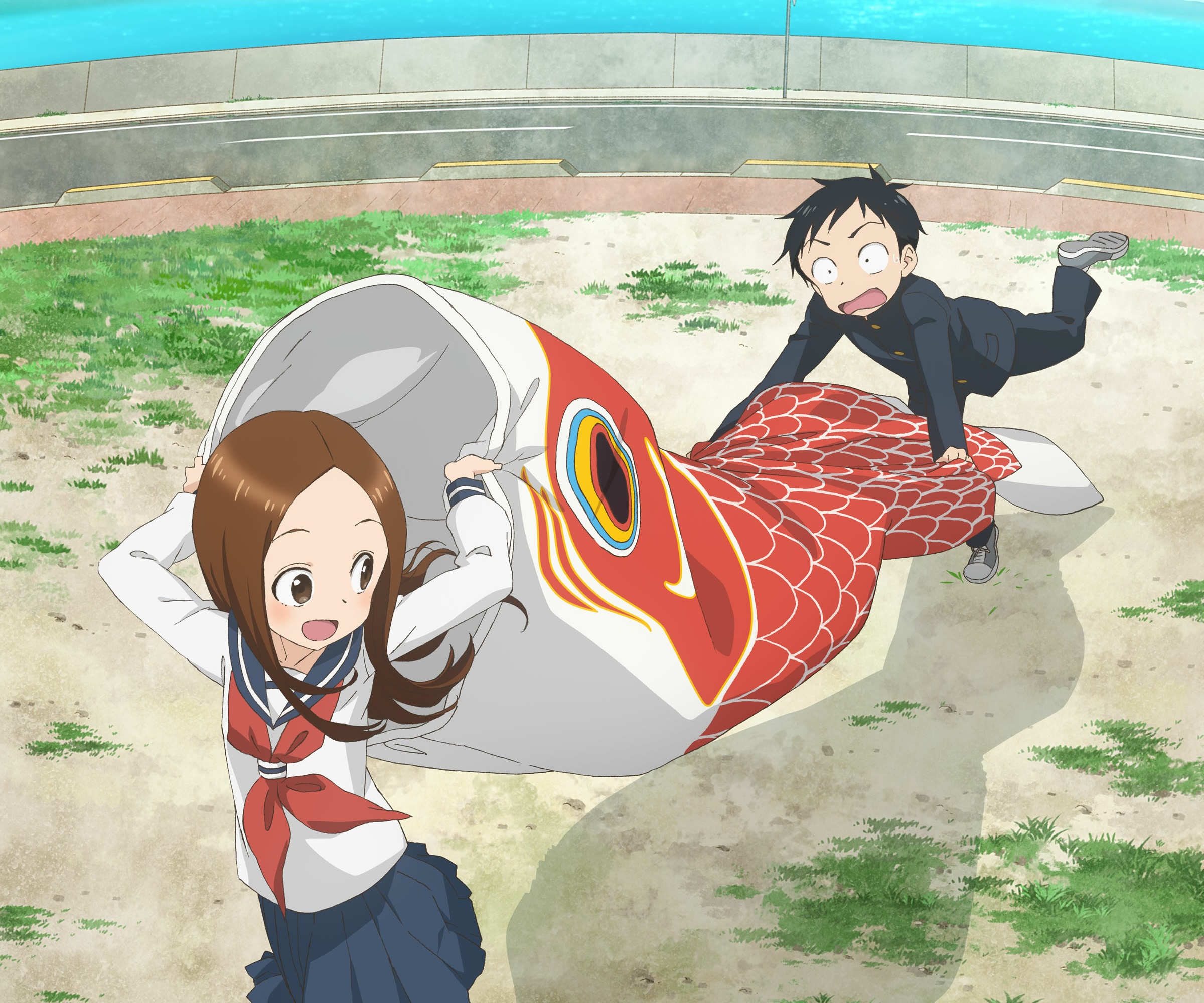 Takagi and Nishikata from Karakai Jouzu No Takagi-san with a carp streamer HD Wallpaper