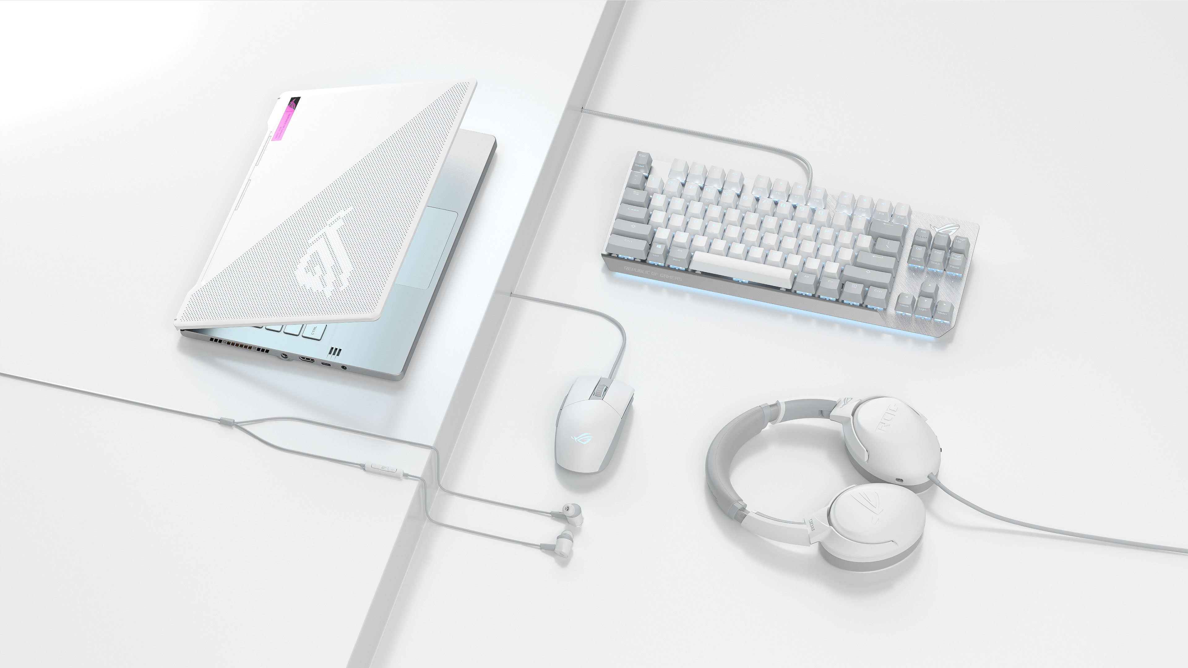 Asus ROG laptop, keyboard, mouse, and headphones HD Wallpaper