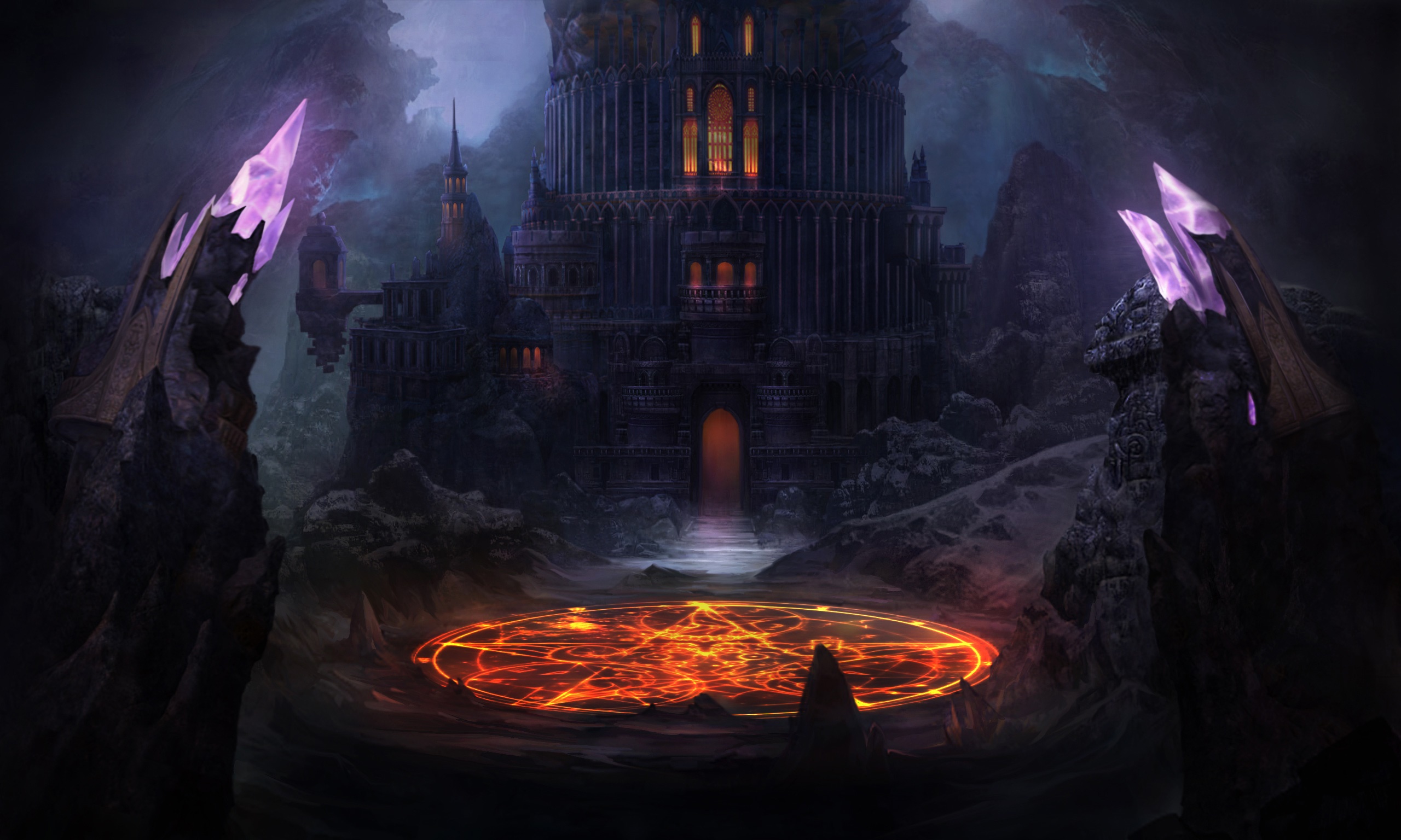 Fantasy castle with magic circle and crystals HD Wallpaper