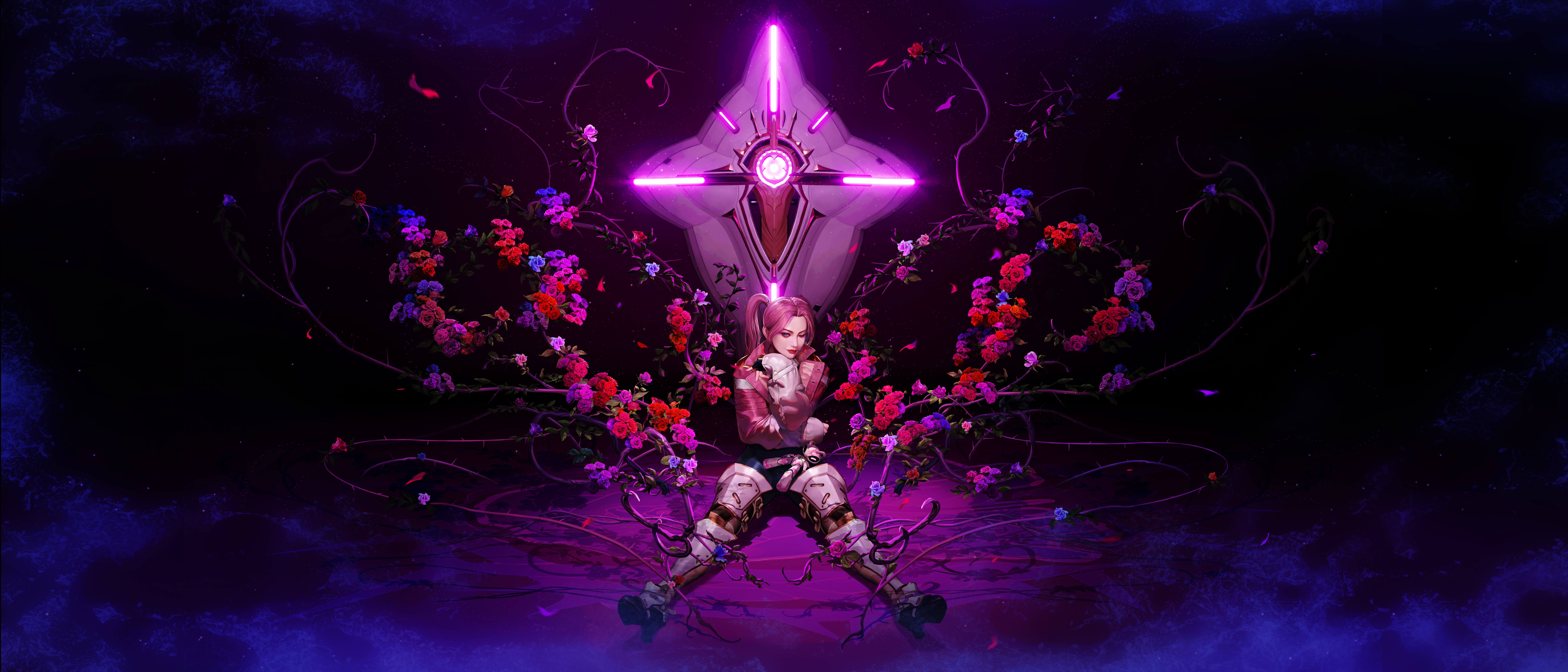 Girl with flowers and a glowing cross in Overprime 4K HD Wallpaper