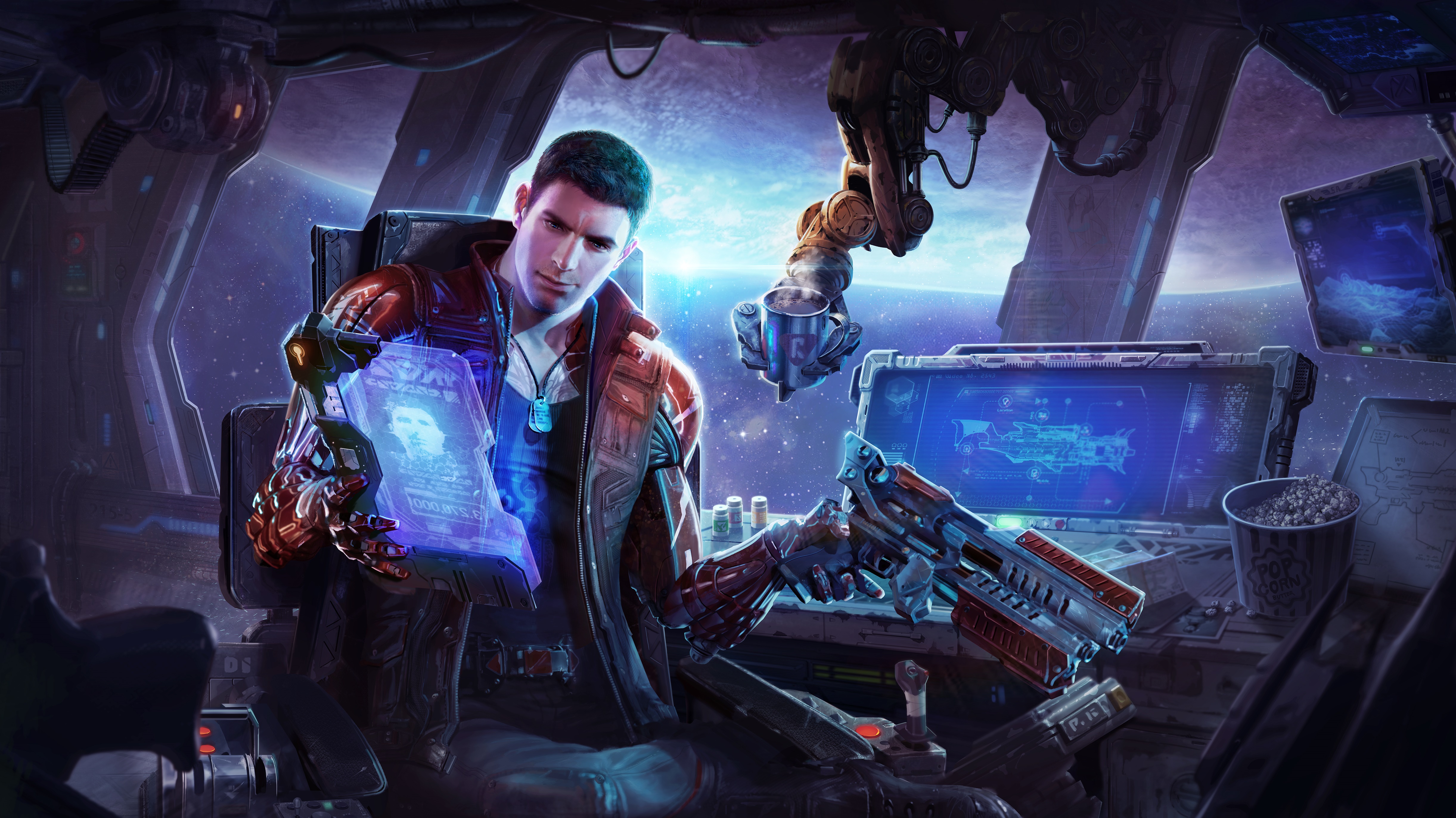 Man in spaceship cockpit with holographic display and gun HD Wallpaper