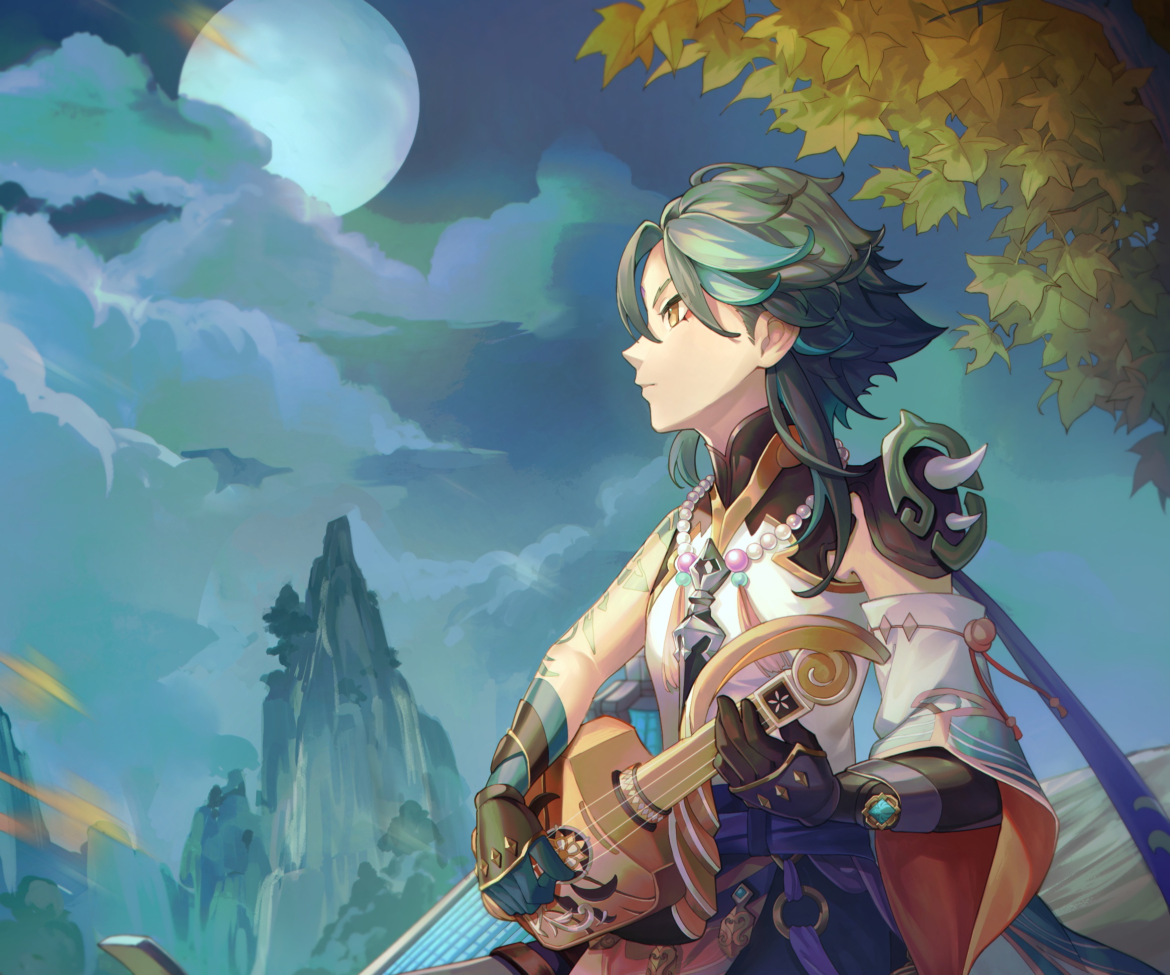 Xiao from Genshin Impact playing a lute HD Wallpaper