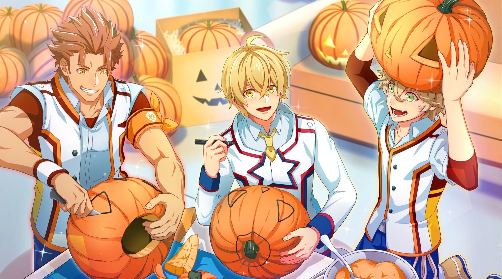 Shido Domyo, Yuki Kino, and Keito Domyo carving pumpkins HD Wallpaper