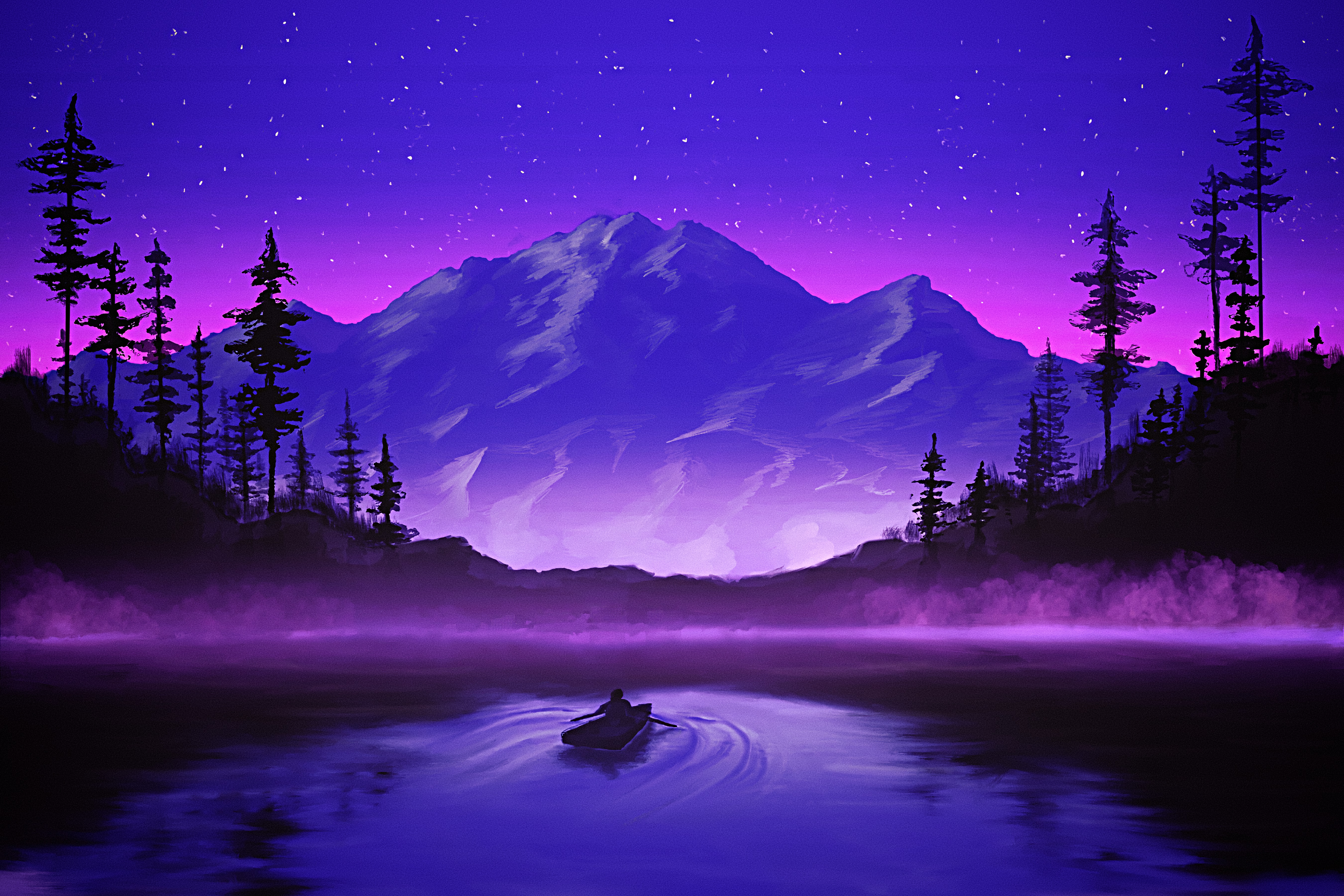 Man in a boat on a lake with mountains and stars HD Wallpaper