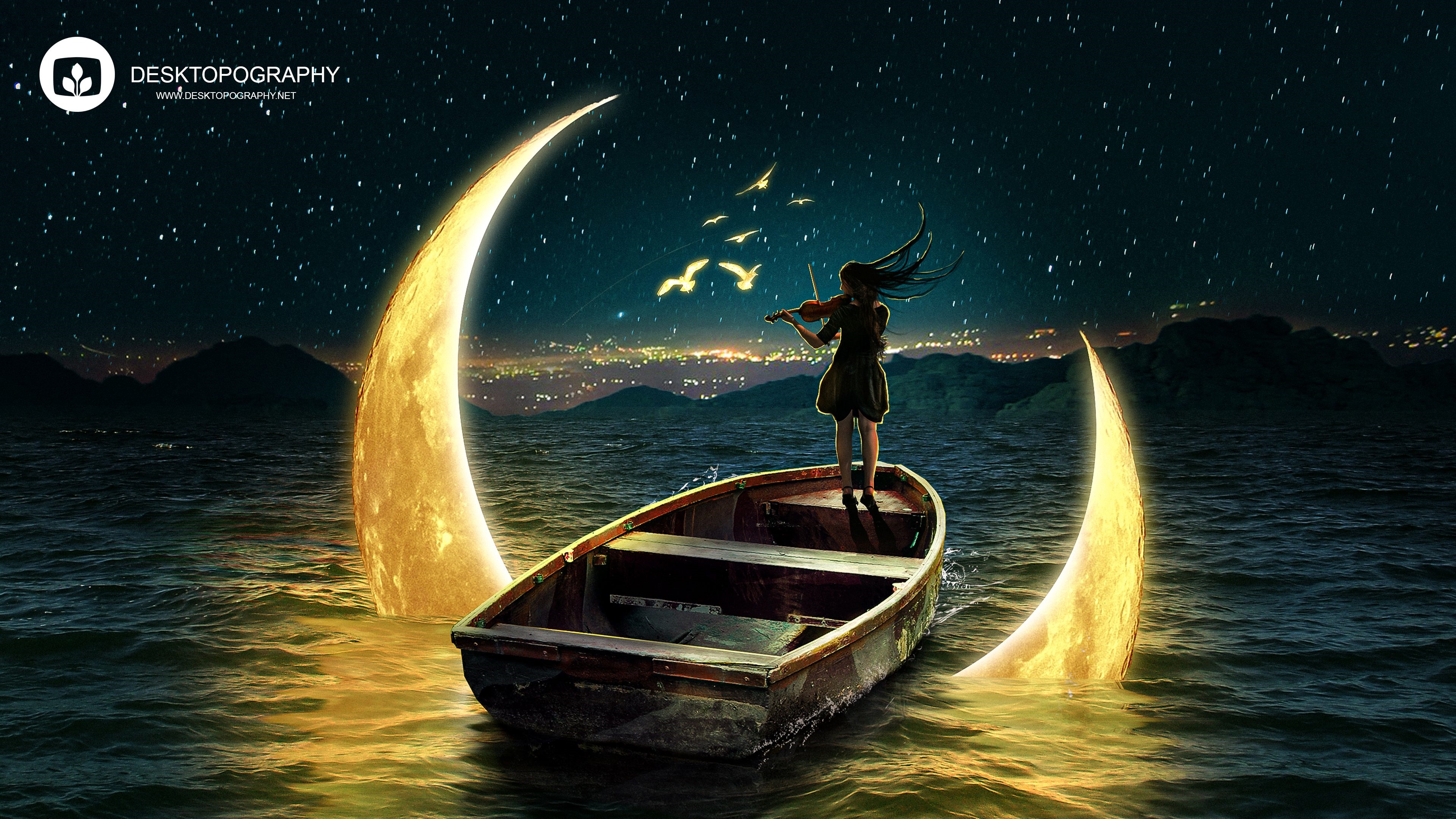 Girl playing violin in a boat under a crescent moon HD Wallpaper