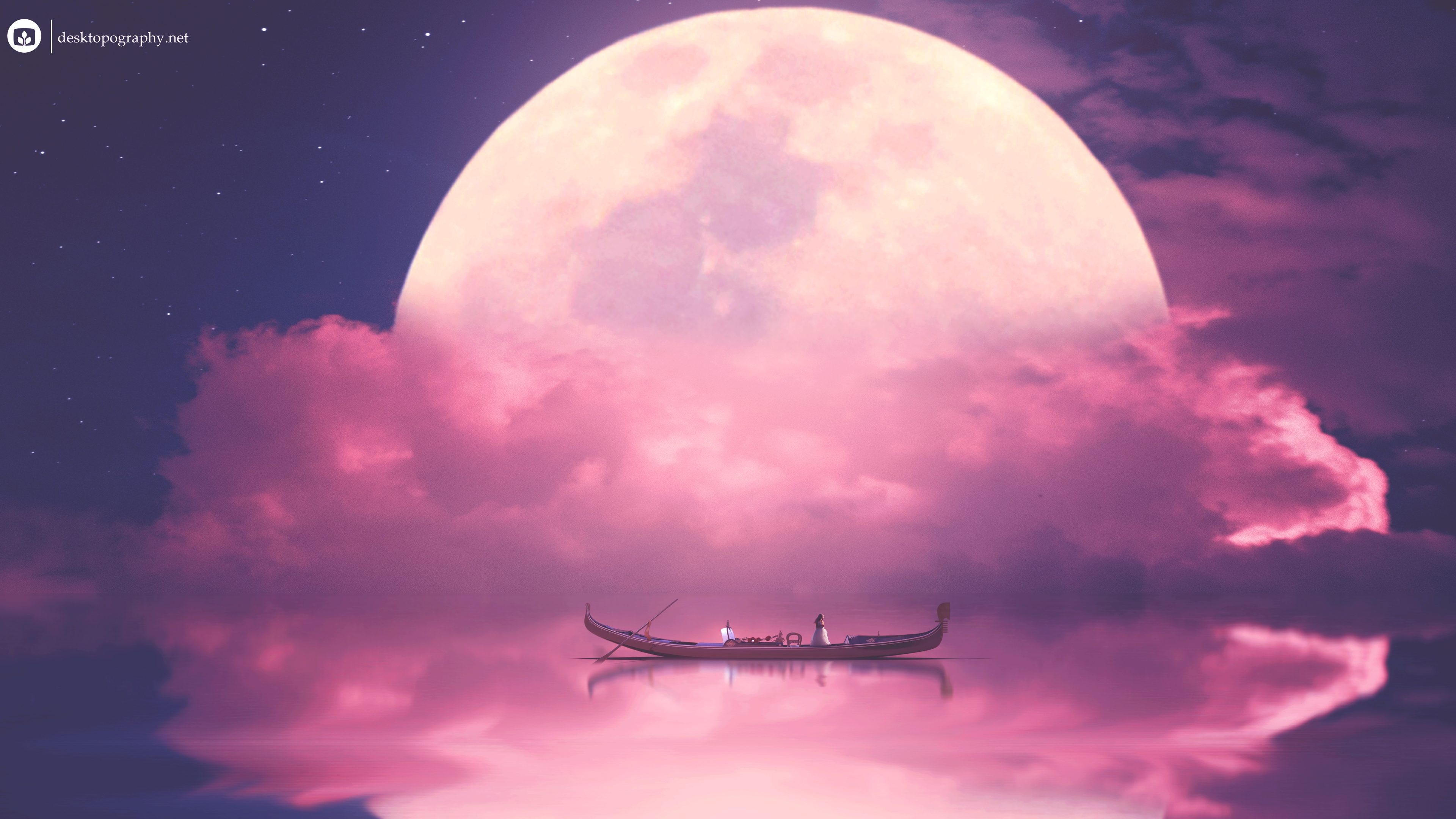 Dreamlike scene with a gondola under a large moon HD Wallpaper