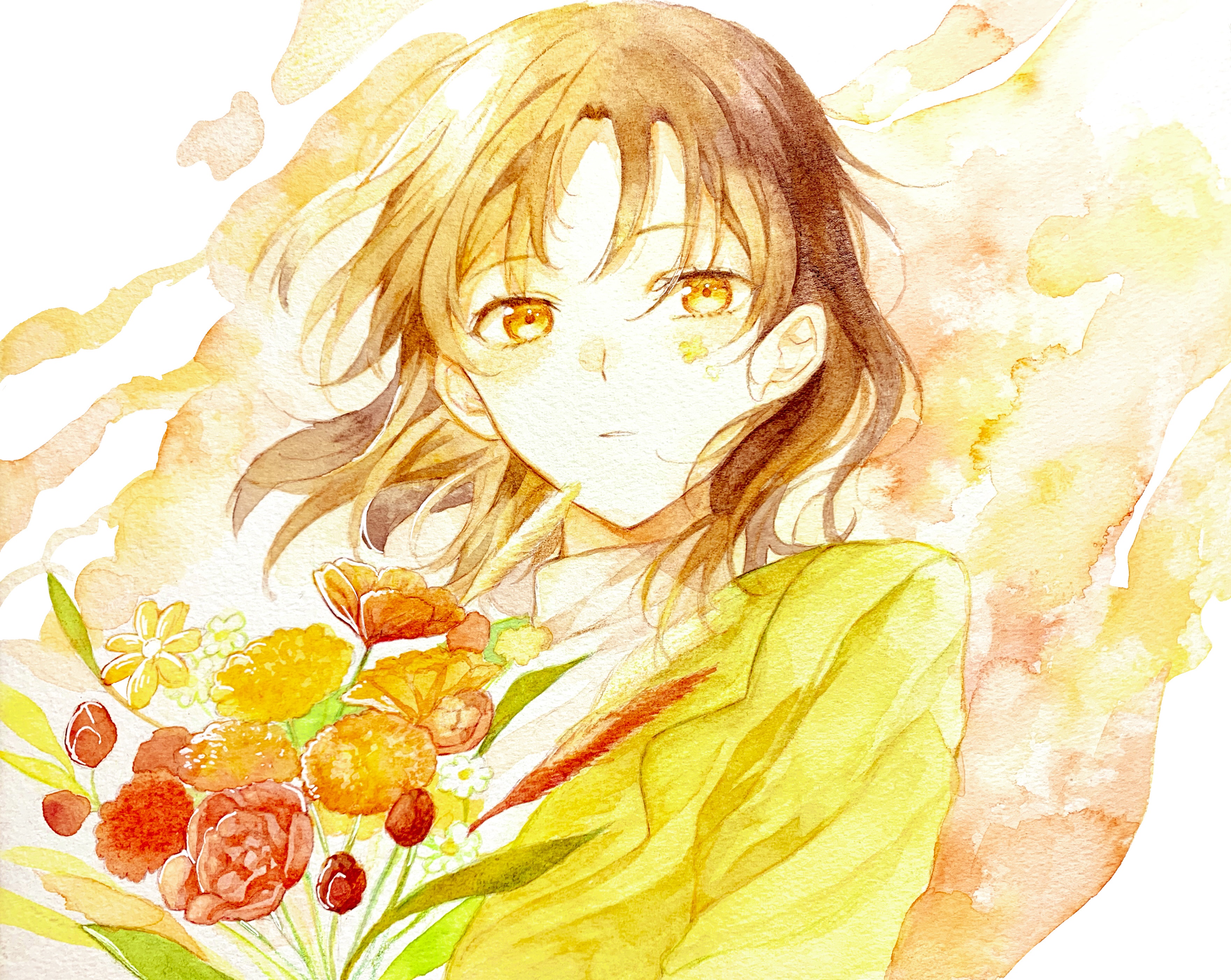 Girl holding a bouquet of flowers HD Wallpaper