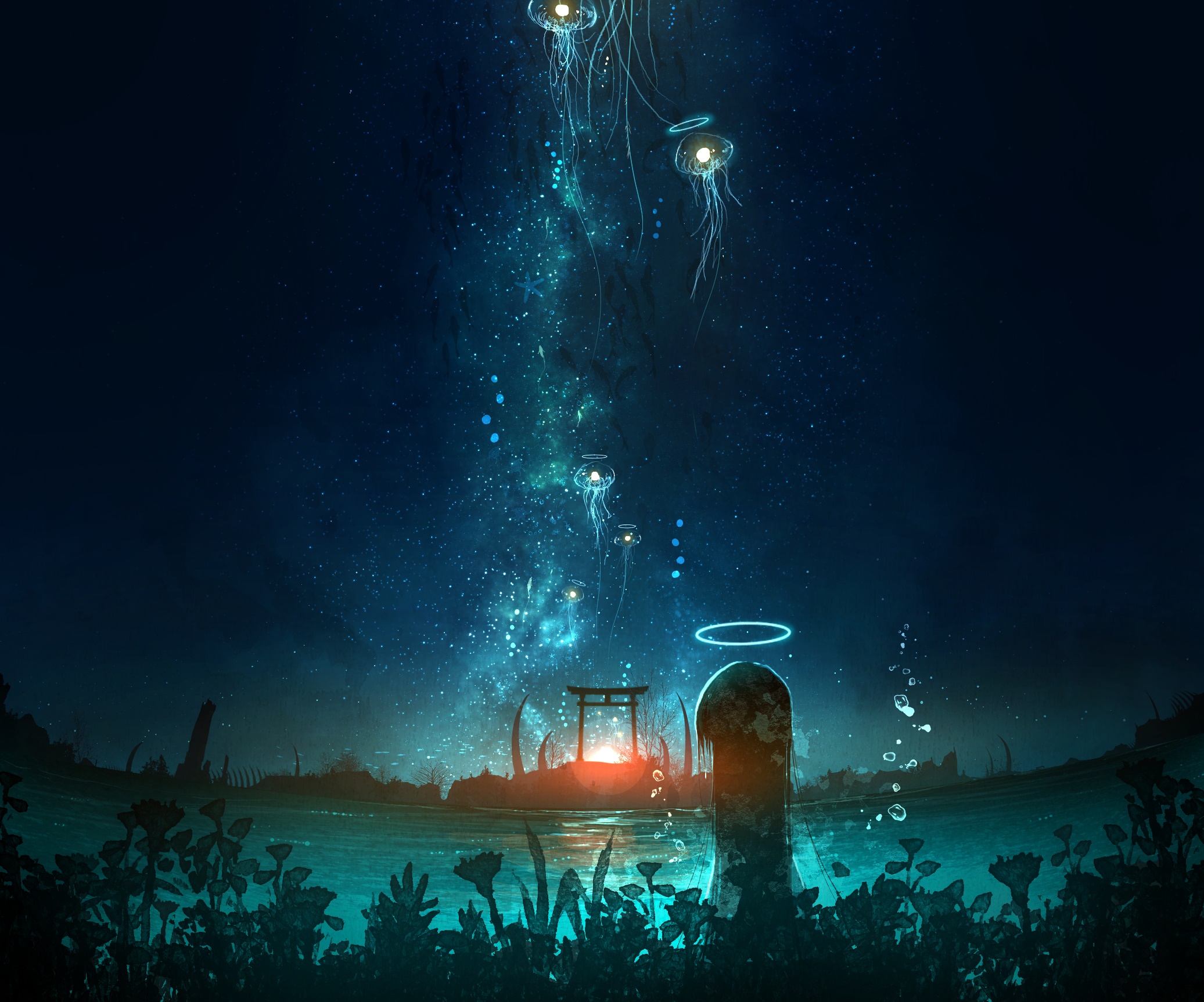 Jellyfish in a starry night sky over a torii gate HD Wallpaper