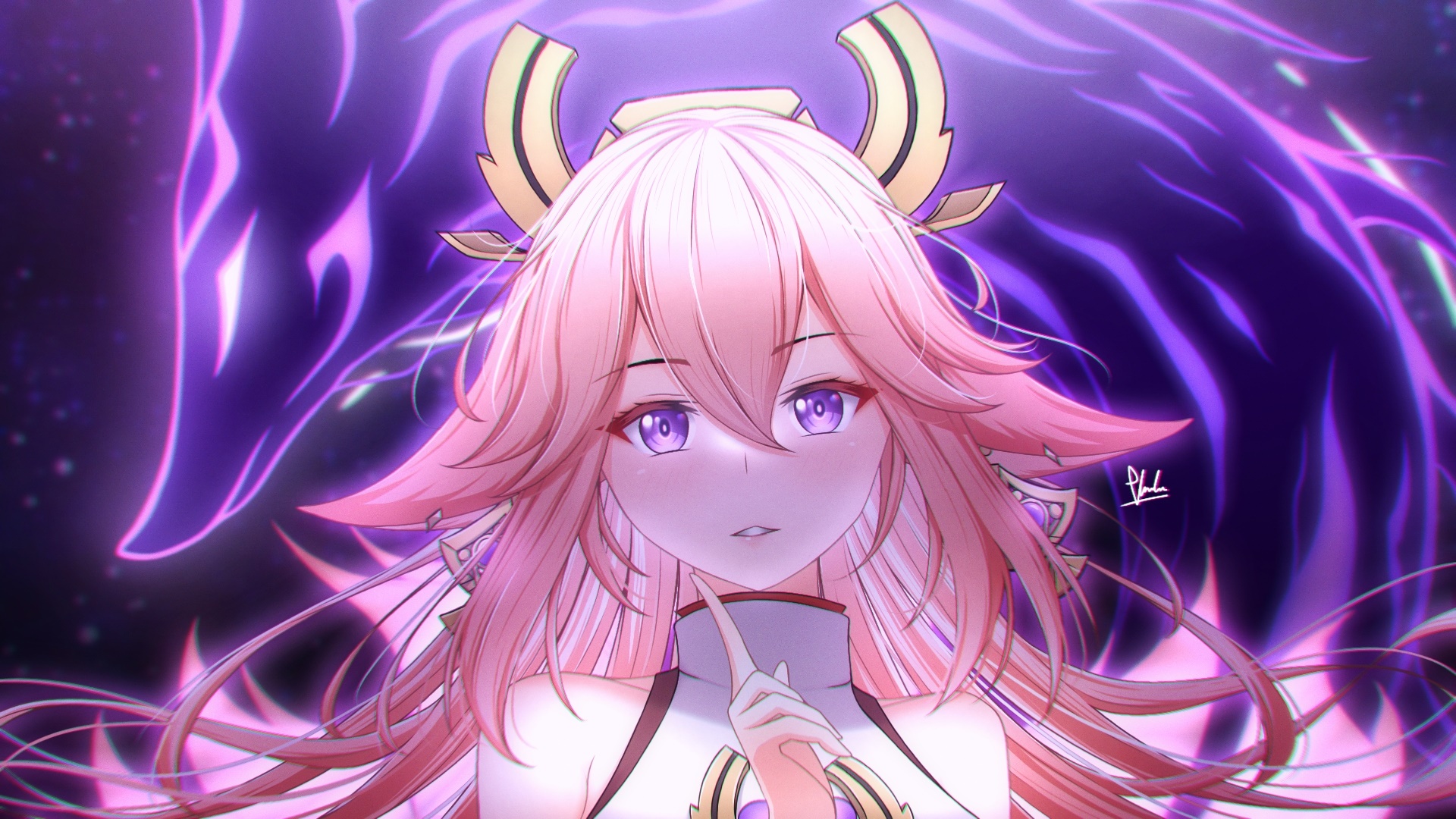 Yae Miko from Genshin Impact with a purple spirit HD Wallpaper