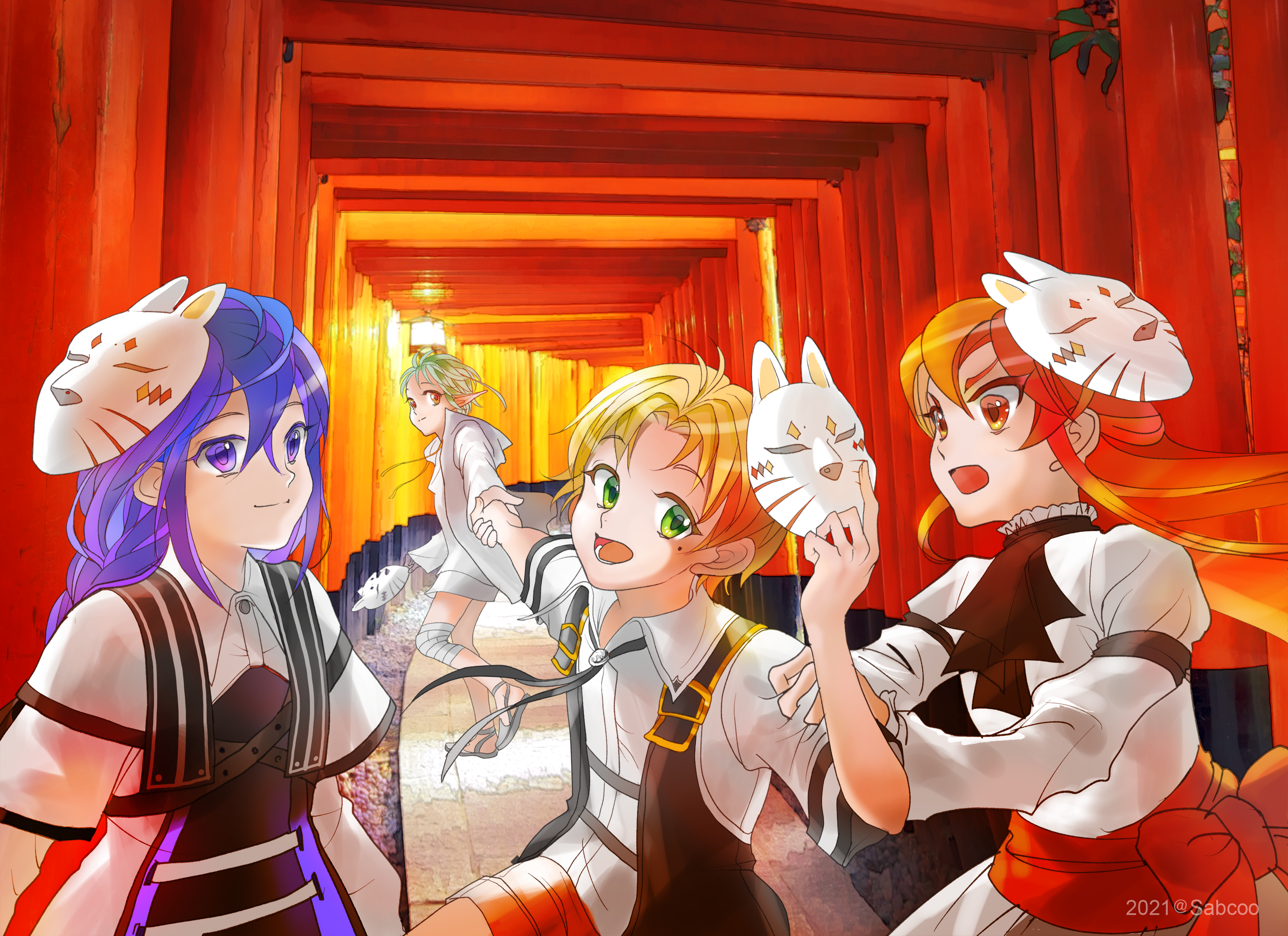 Anime characters with fox masks in Fushimi Inari Shrine HD Wallpaper