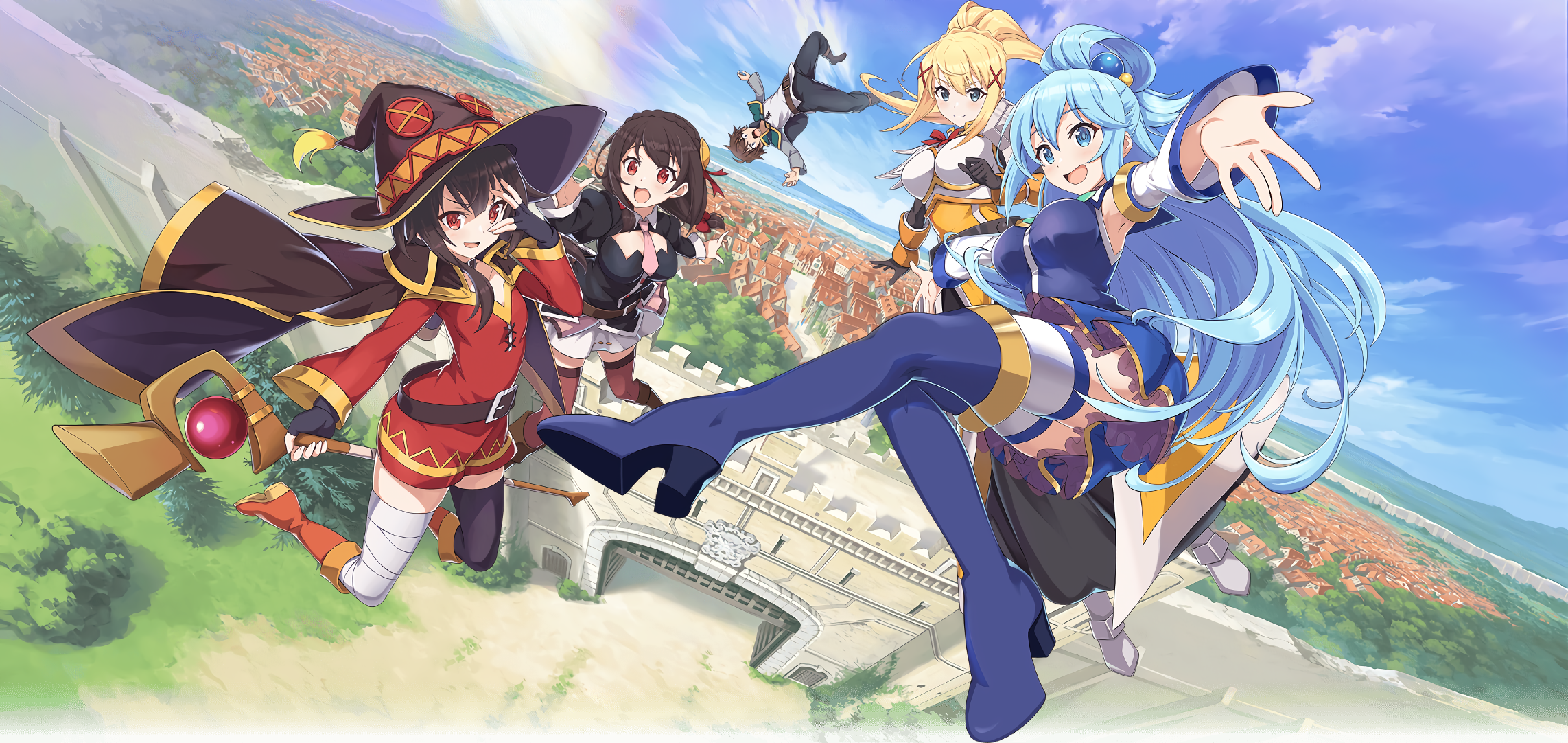 KonoSuba Characters Aqua, Megumin, Darkness, and Kazuma HD Wallpaper
