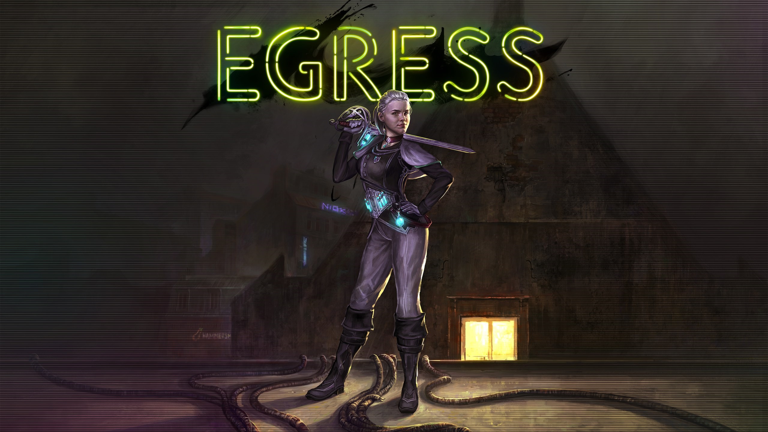 Egress Neon Sign with Woman Holding Sword HD Wallpaper