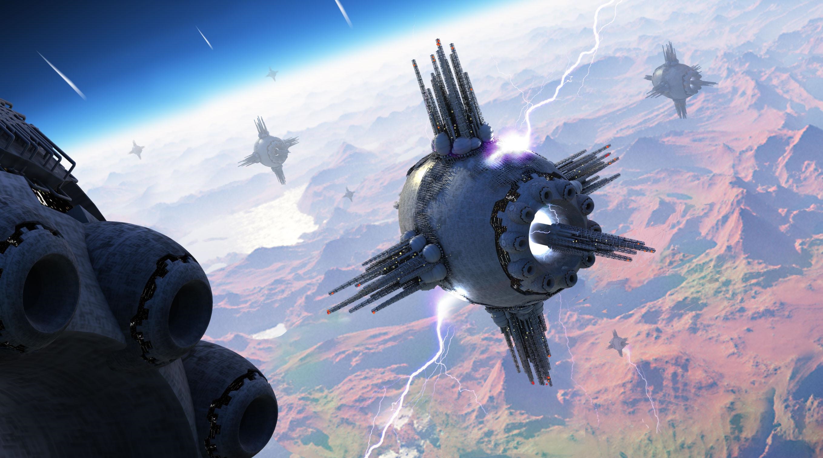Spaceships in orbit above a terraformed planet HD Wallpaper