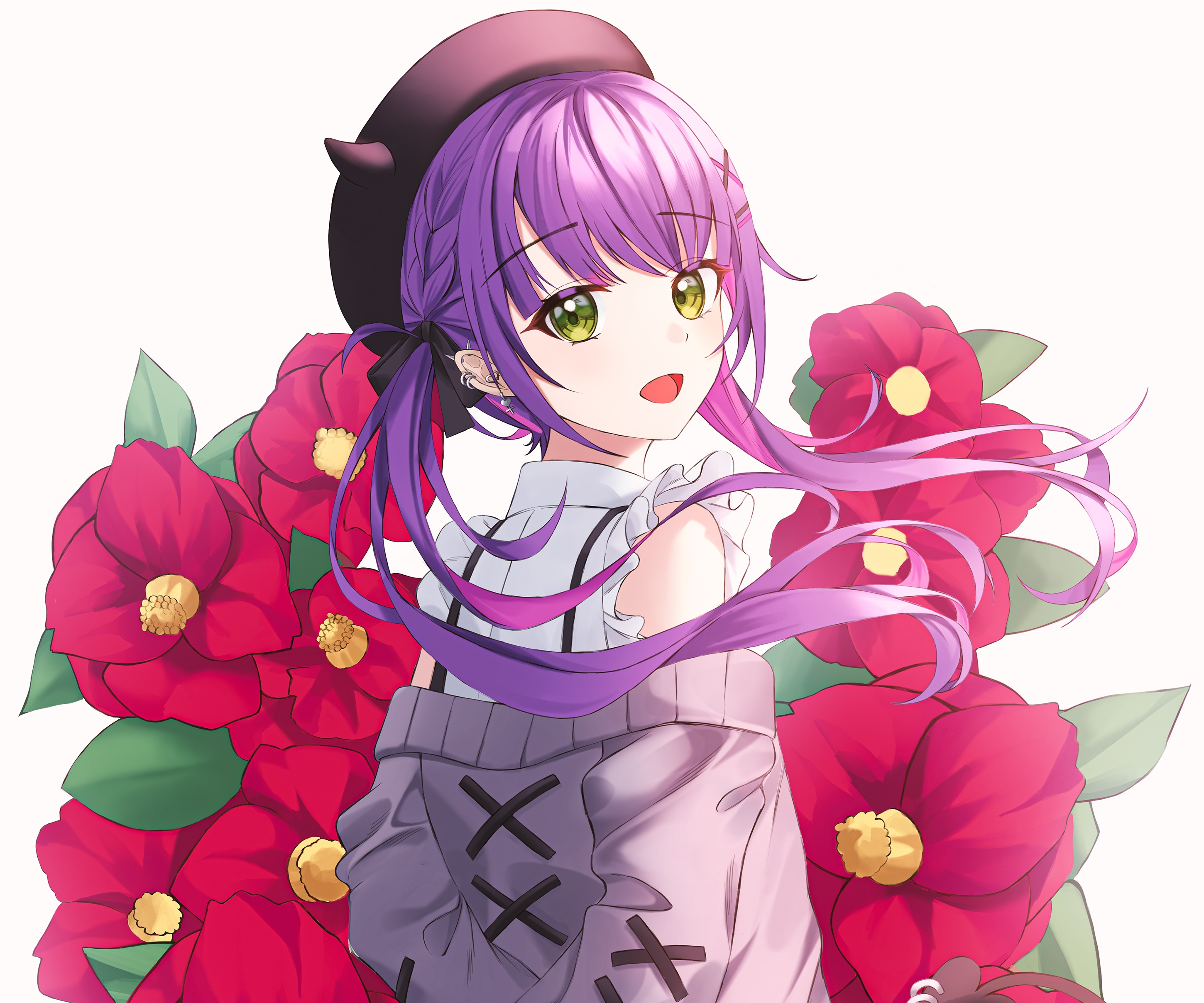 Tokoyami Towa from Hololive with red flowers HD Wallpaper