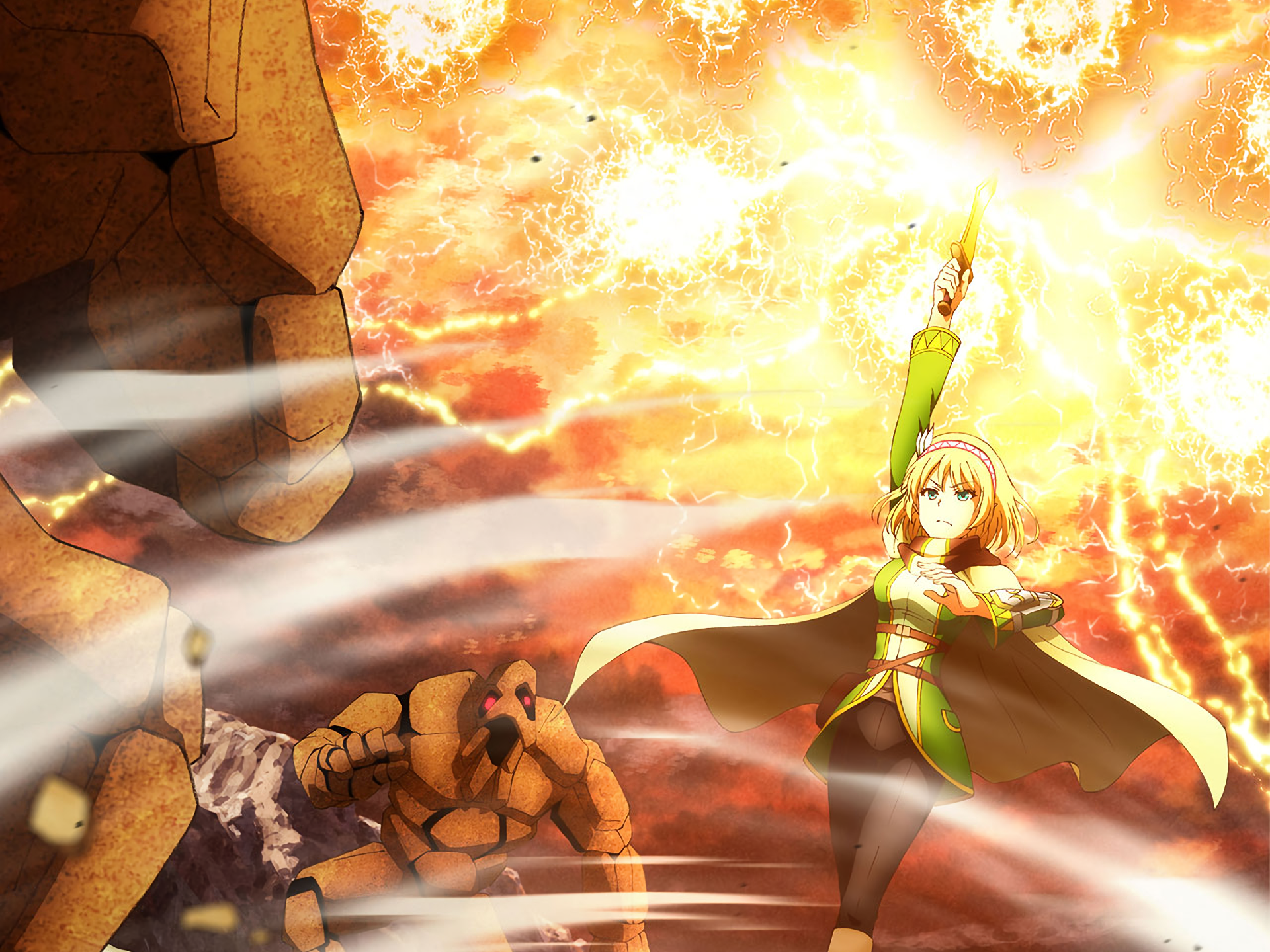 Cayna from In The Land Of Leadale fighting a golem HD Wallpaper