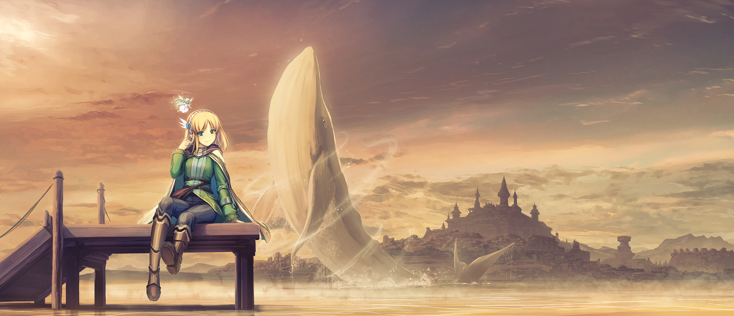 Cayna from In The Land Of Leadale sitting on a dock with a whale HD Wallpaper