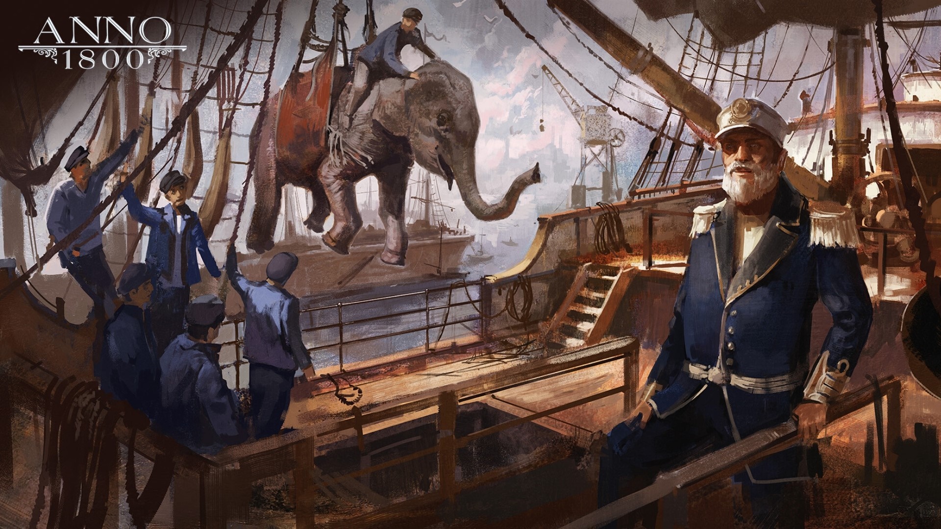 Anno 1800: Elephant being loaded onto a ship HD Wallpaper