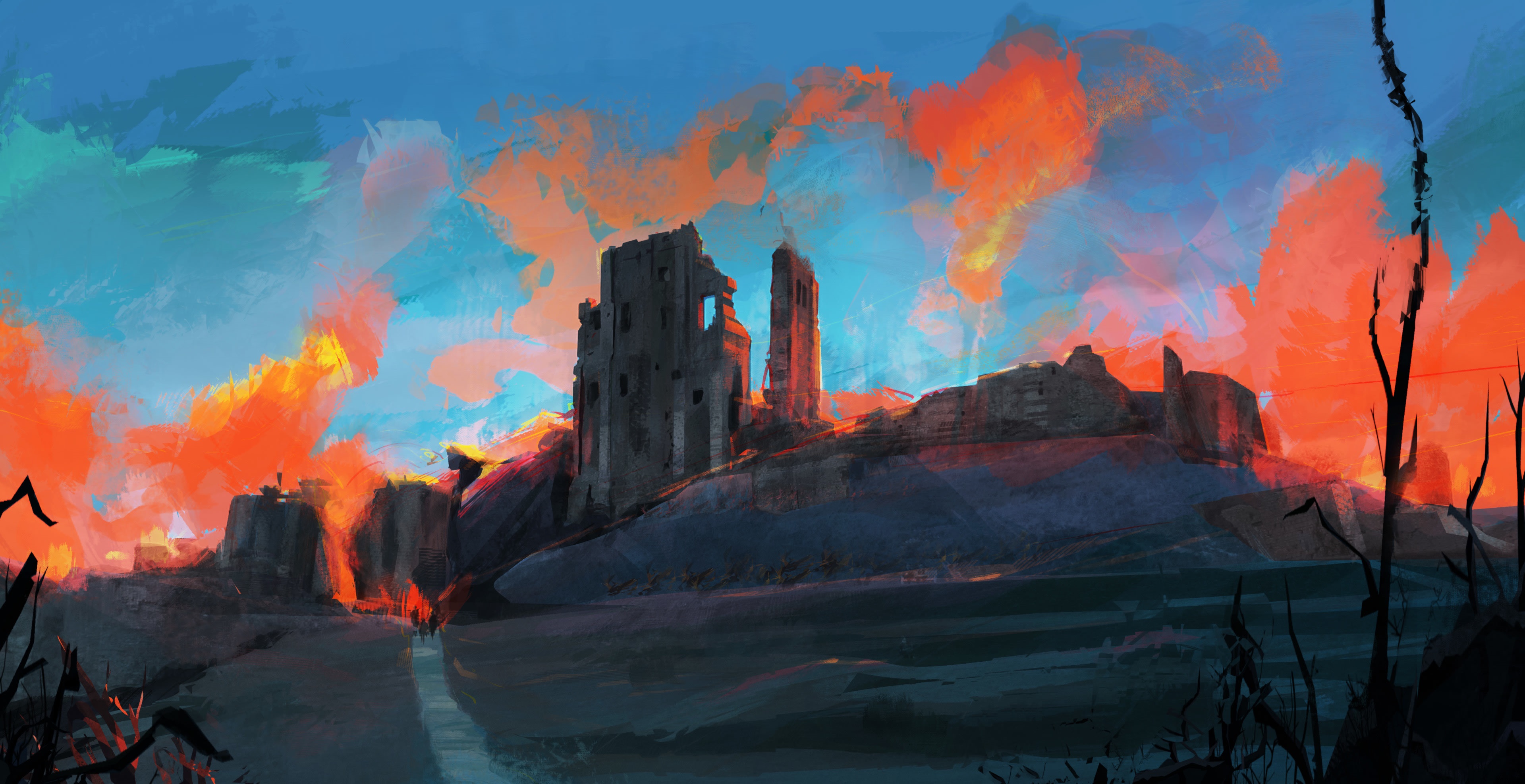 Ruined castle on a hill with fiery sky HD Wallpaper