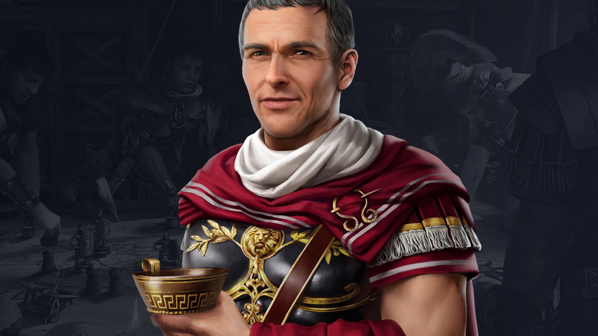 Man in Roman armor holding a bowl HD Wallpaper