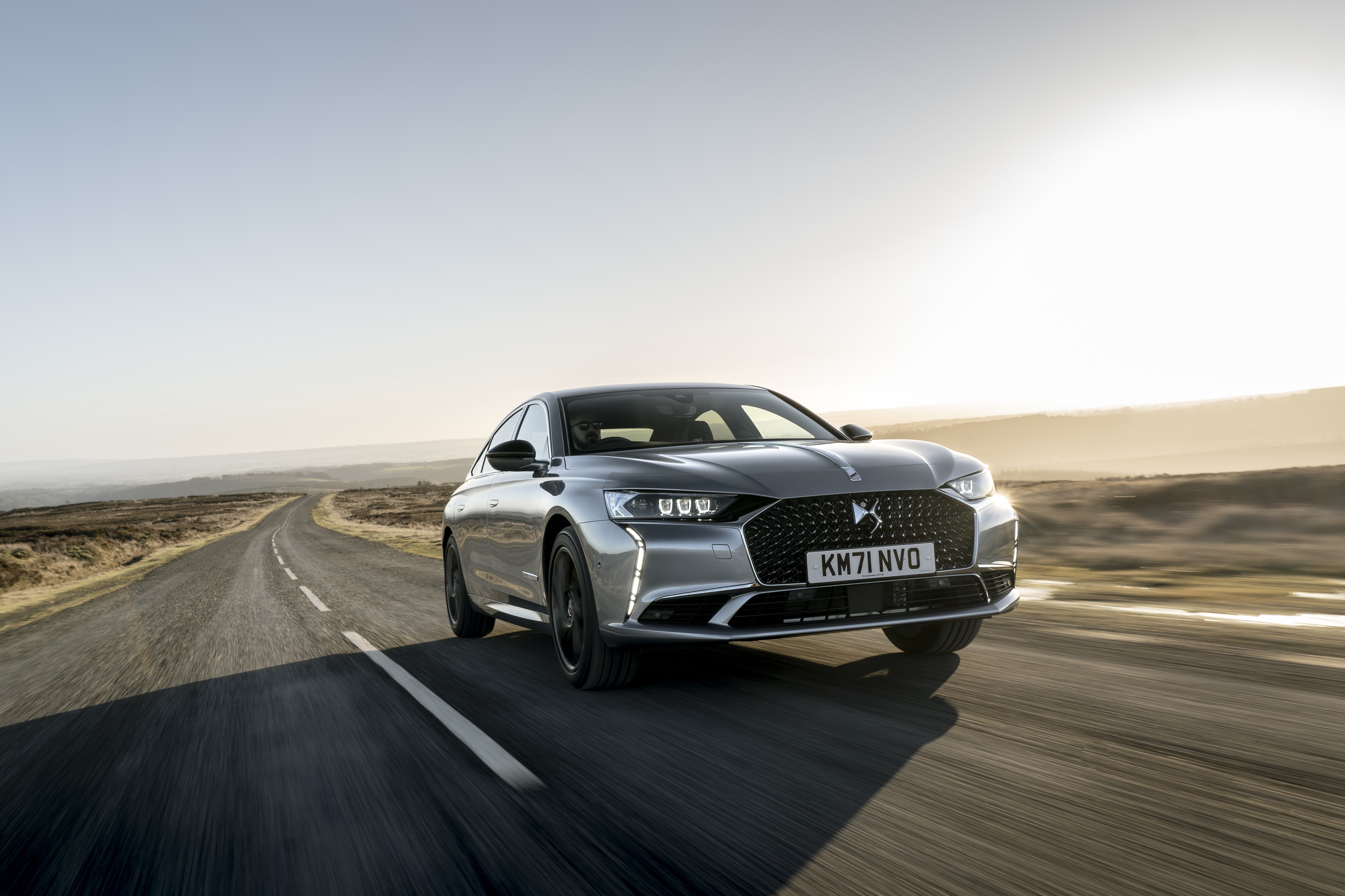 DS 9 E-Tense Performance Line driving on a road HD Wallpaper