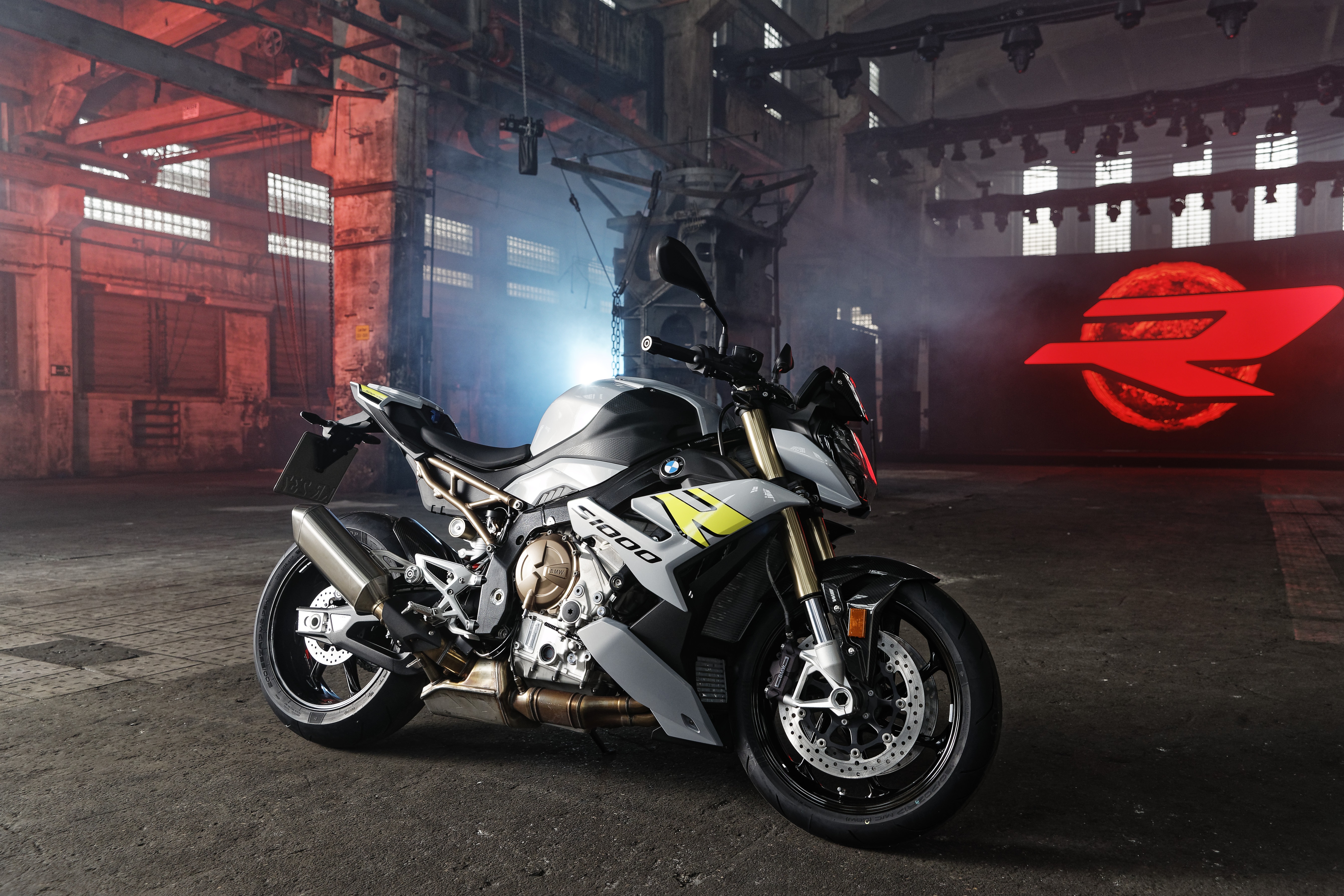 BMW S1000R motorcycle in industrial setting 4K HD Wallpaper