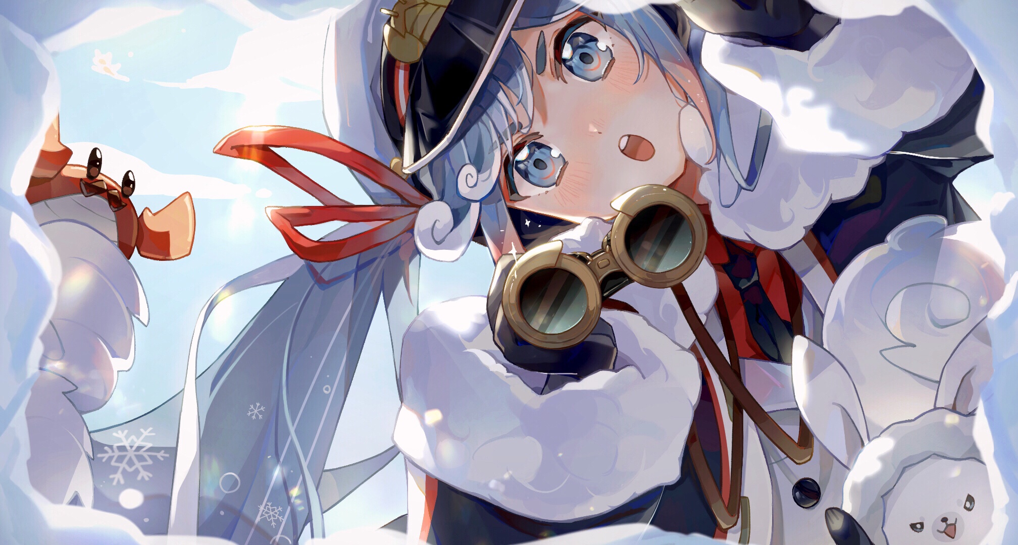 Hatsune Miku with binoculars and a crab in snow HD Wallpaper