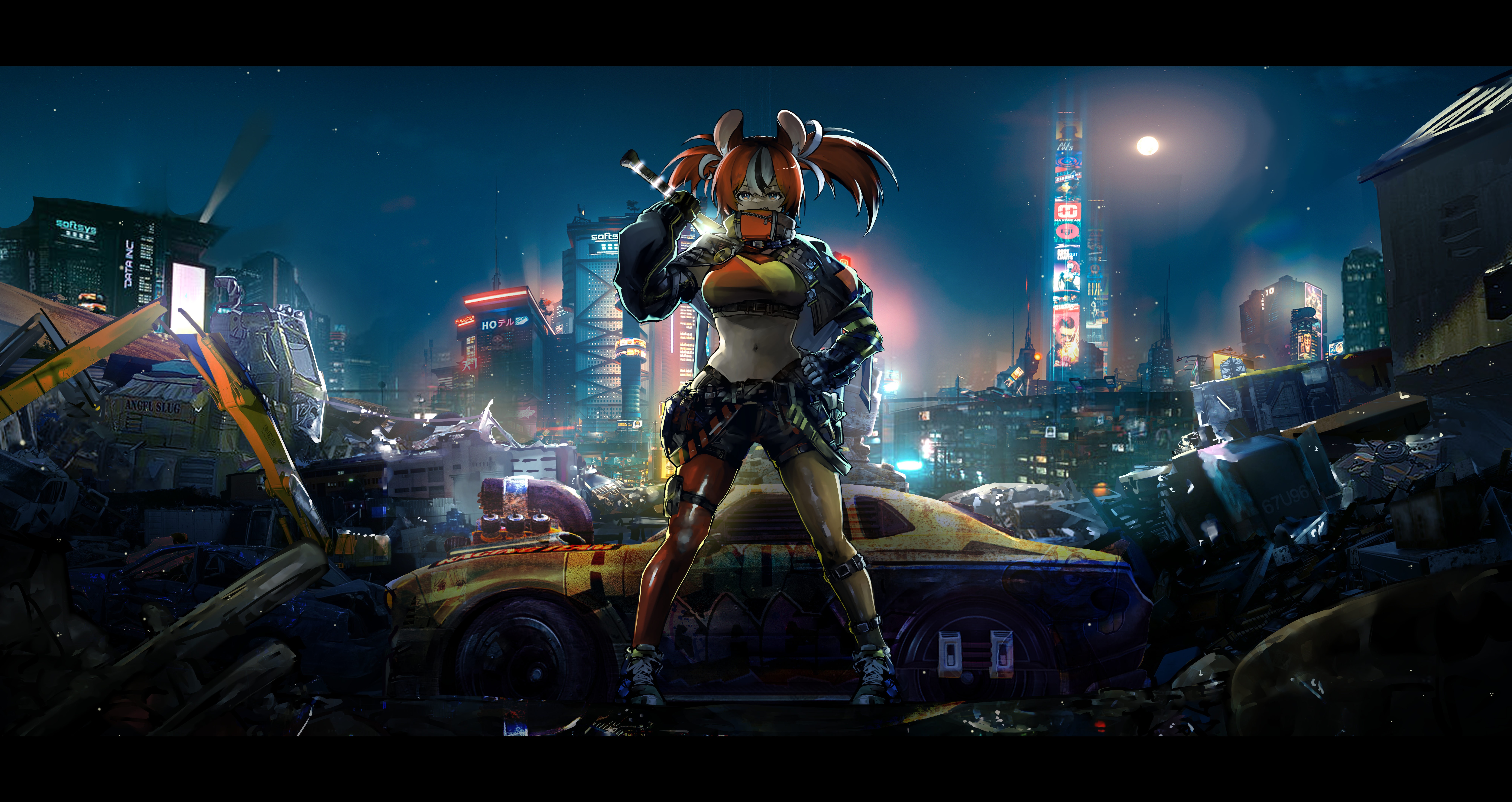 Hakos Baelz from Hololive in Cyberpunk City 4K HD Wallpaper