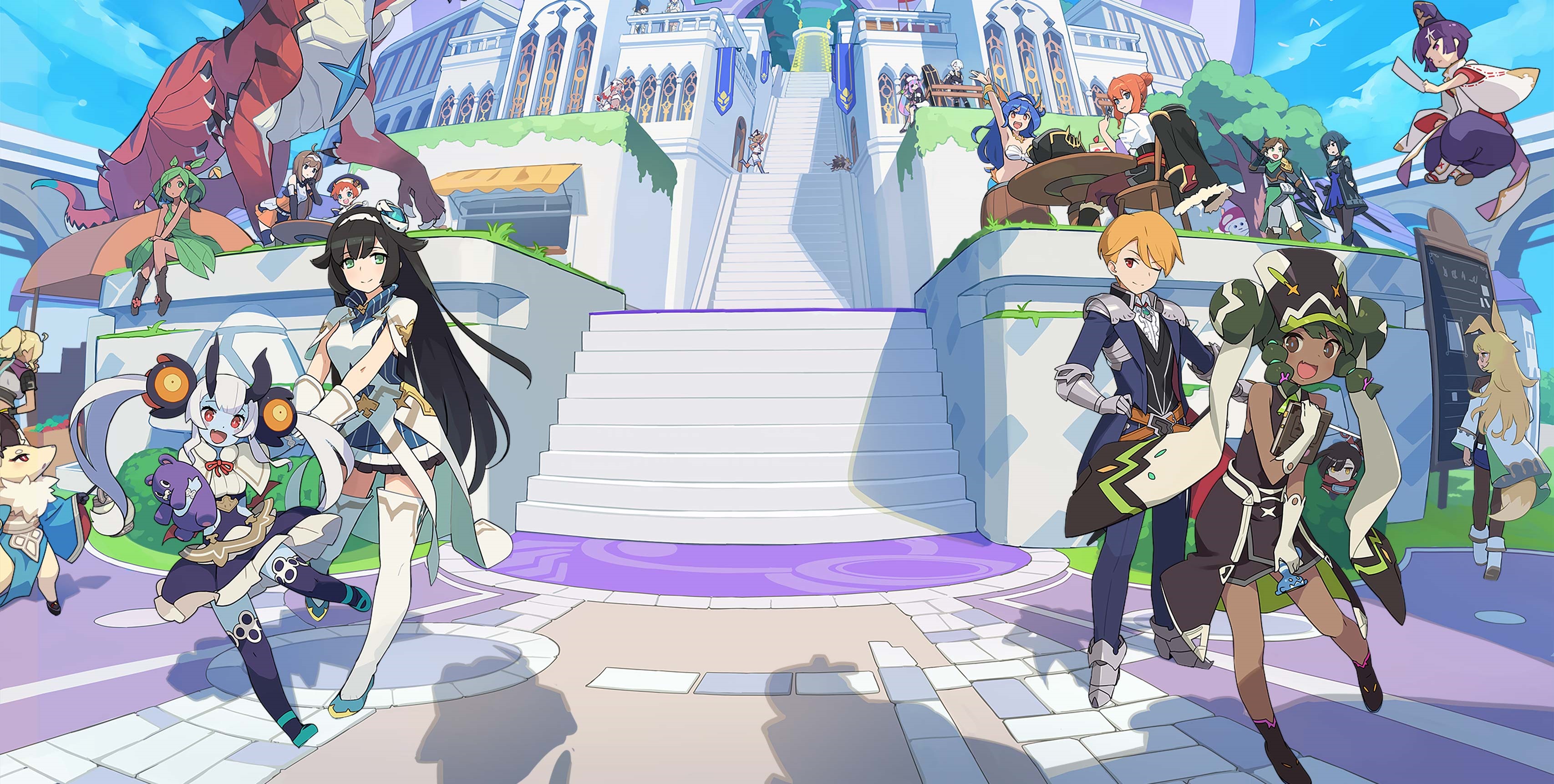 World Flipper characters in front of a grand castle HD Wallpaper