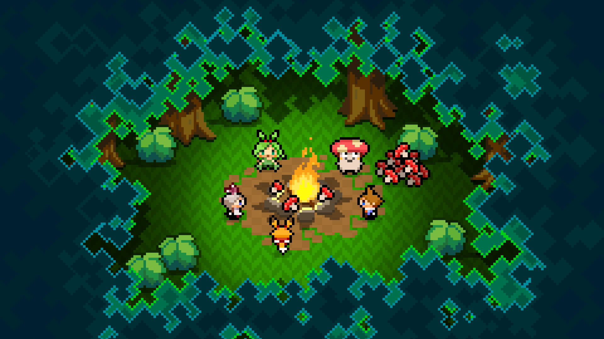 Characters around a campfire in a pixelated forest HD Wallpaper
