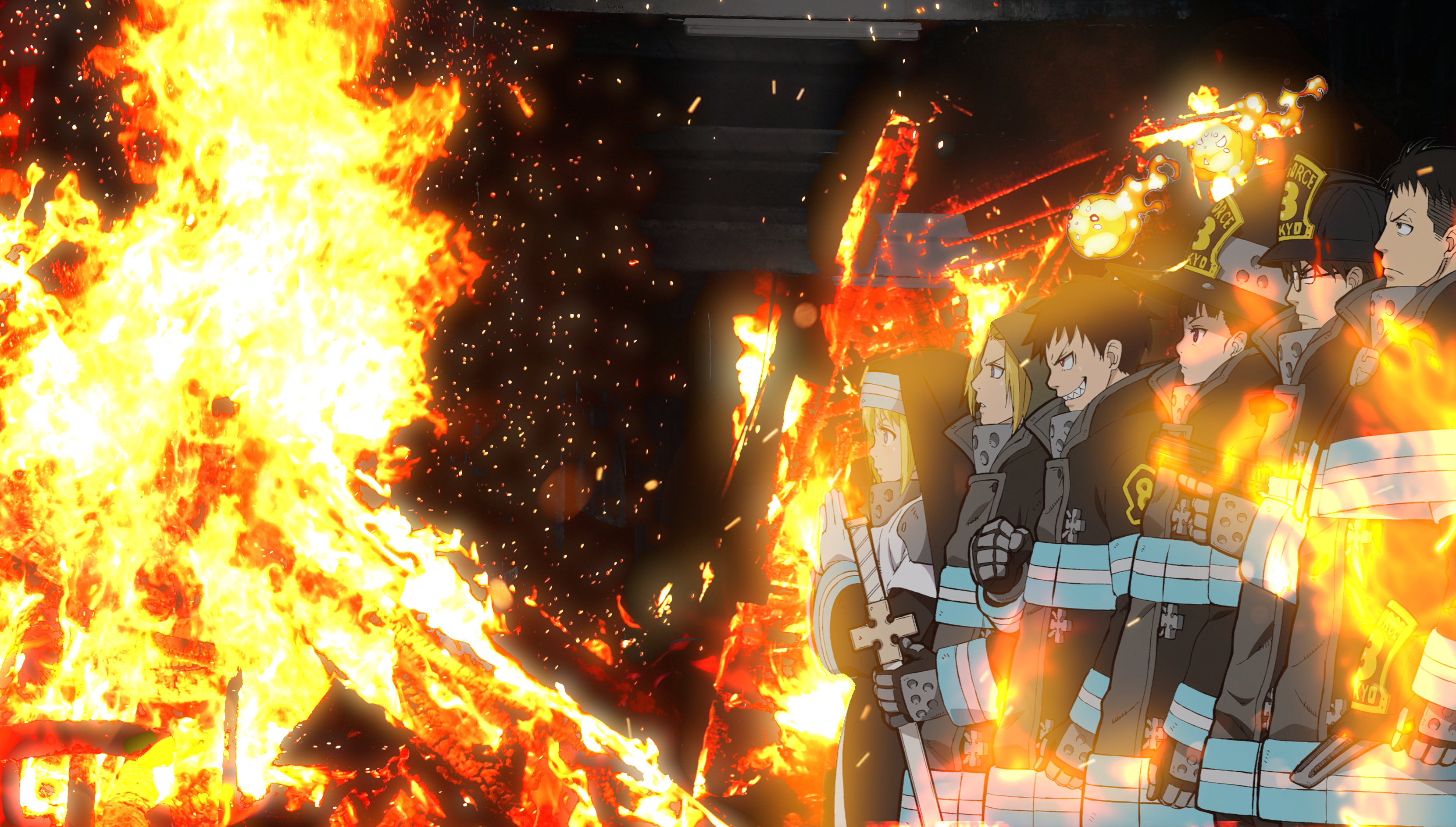 Fire Force characters in front of a large fire HD Wallpaper