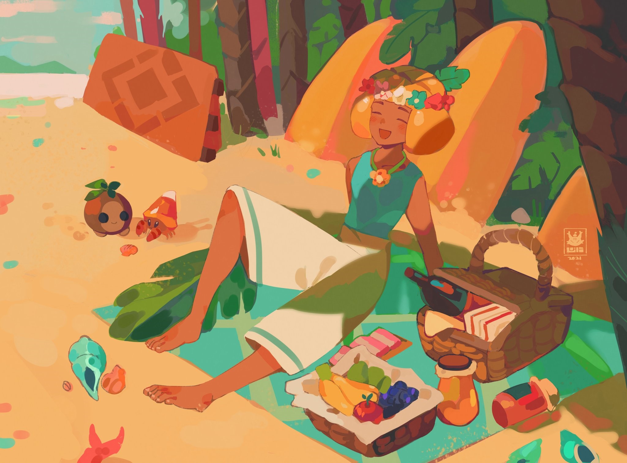 Mango Cookie from Cookie Run: OvenBreak on a beach picnic HD Wallpaper
