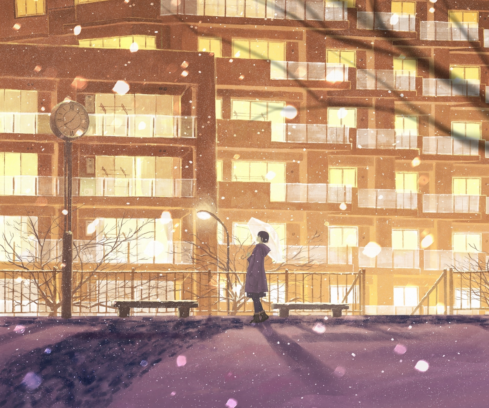 Girl in winter with umbrella near apartment building HD Wallpaper