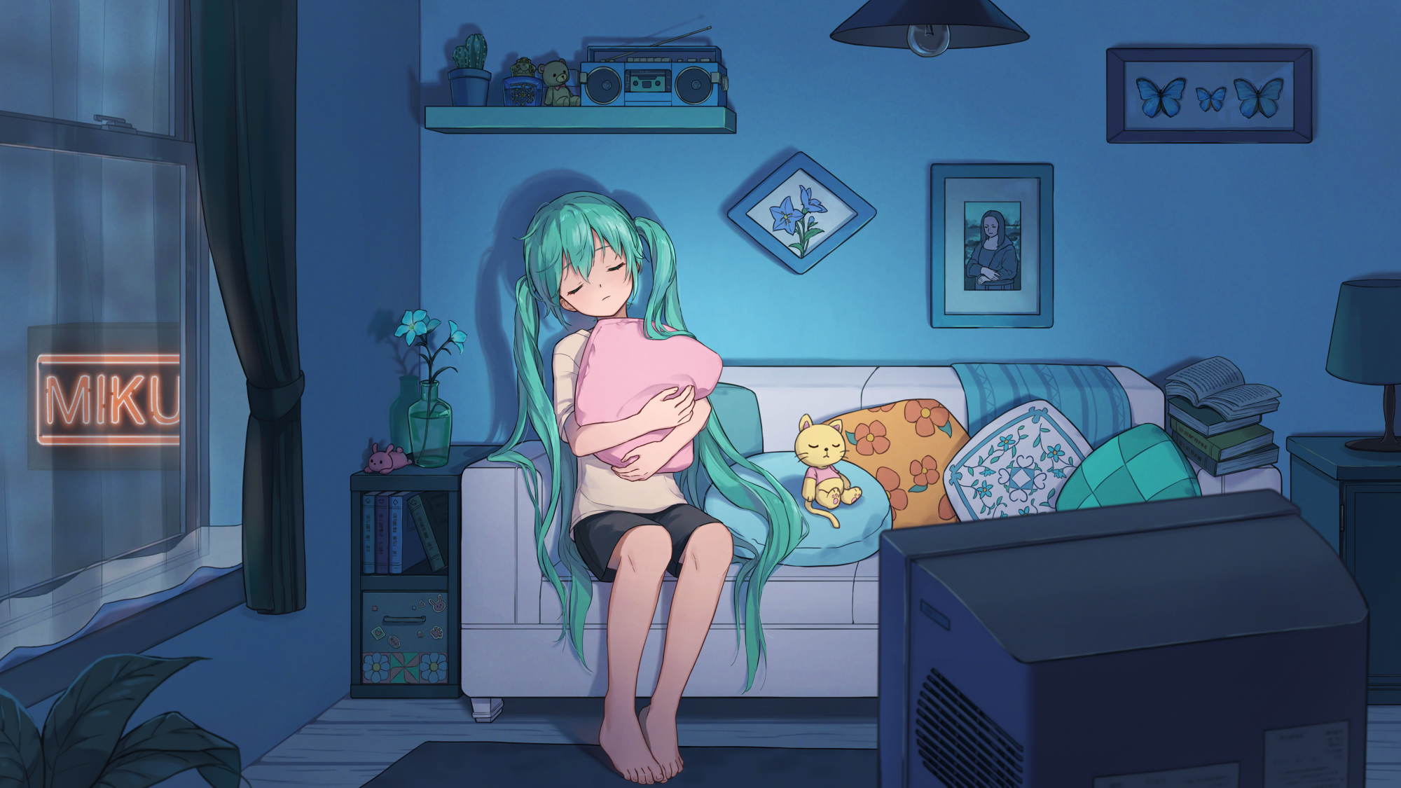 Hatsune Miku sleeping on a couch with a pillow HD Wallpaper