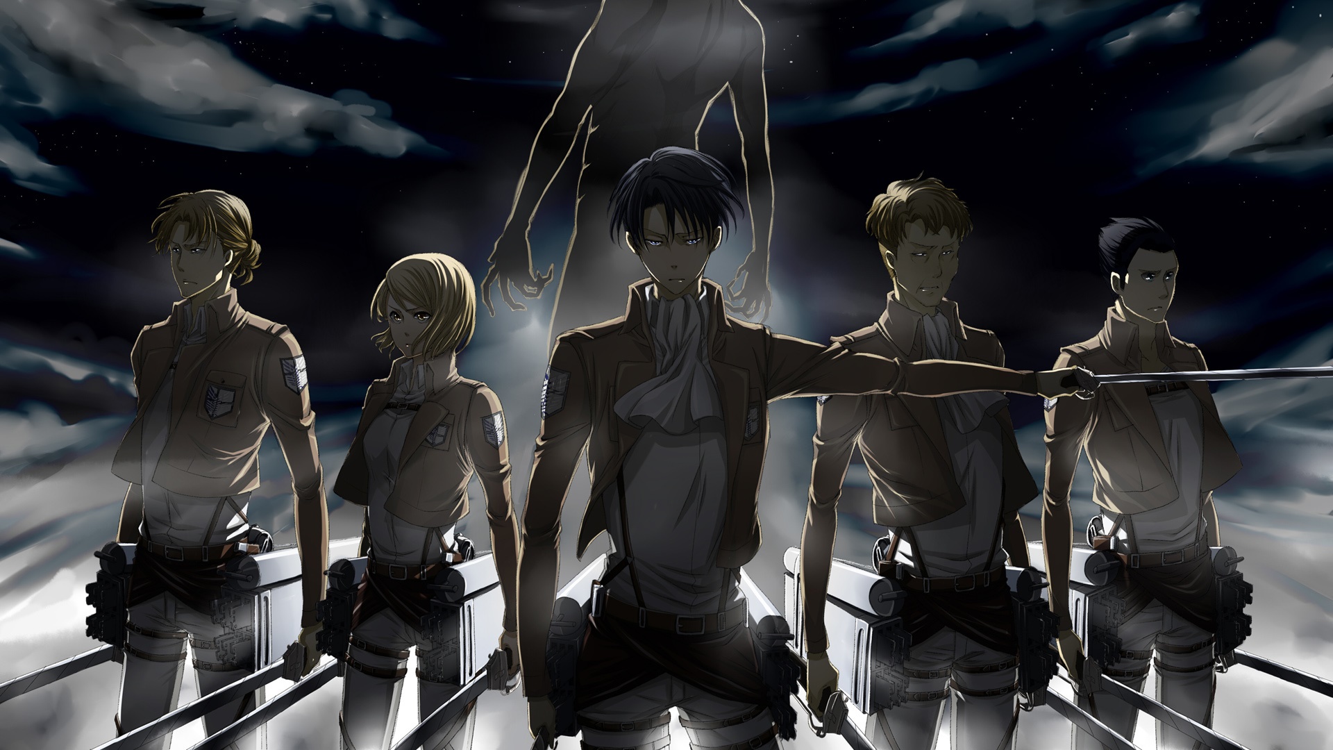 Attack on Titan characters with a Titan in the background HD Wallpaper